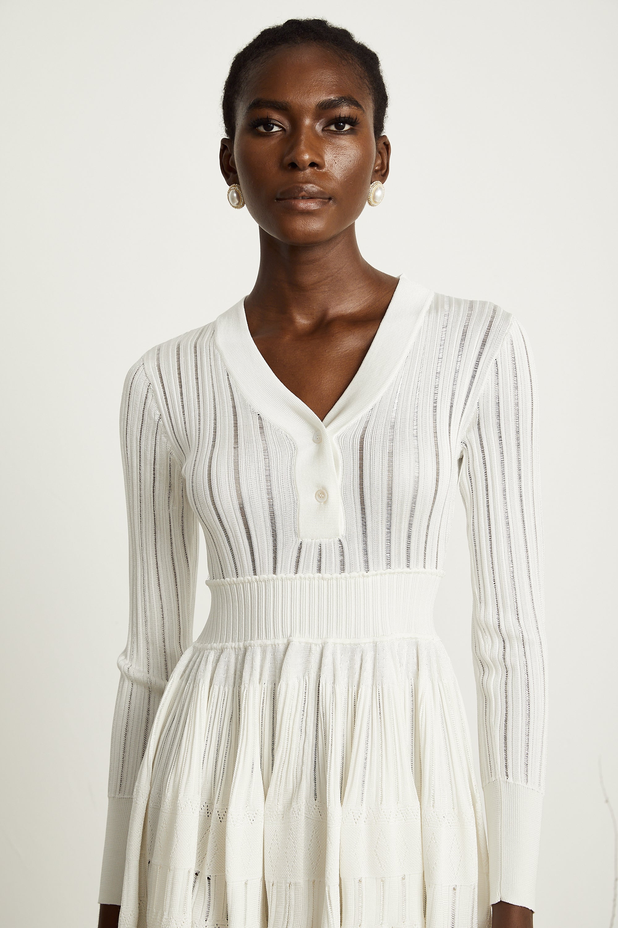 Géraldine white pointelle-knit midi dress