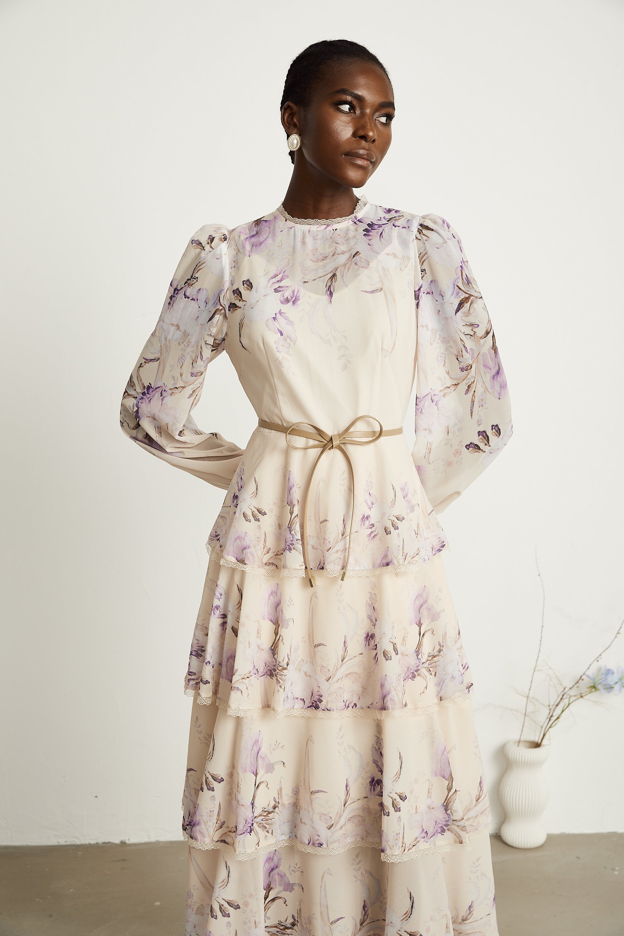 Xenia floral lace-trim tiered midi dress