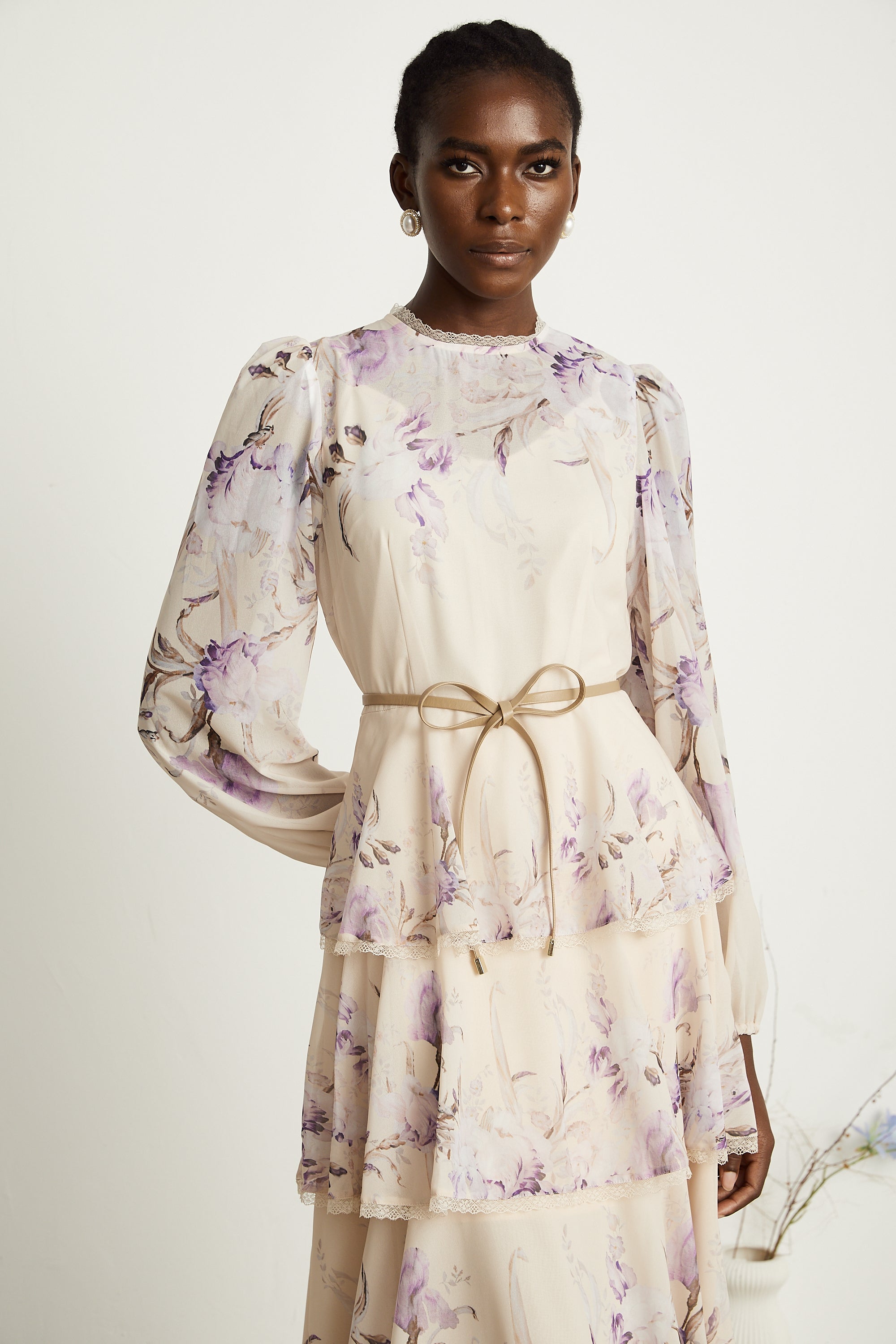 Xenia floral lace-trim tiered midi dress