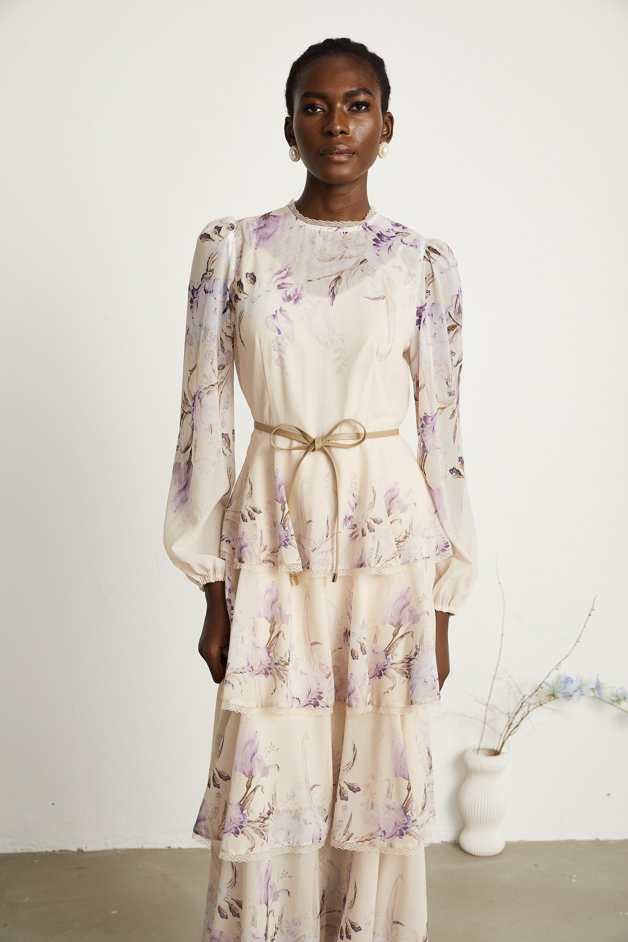 Xenia floral lace-trim tiered midi dress