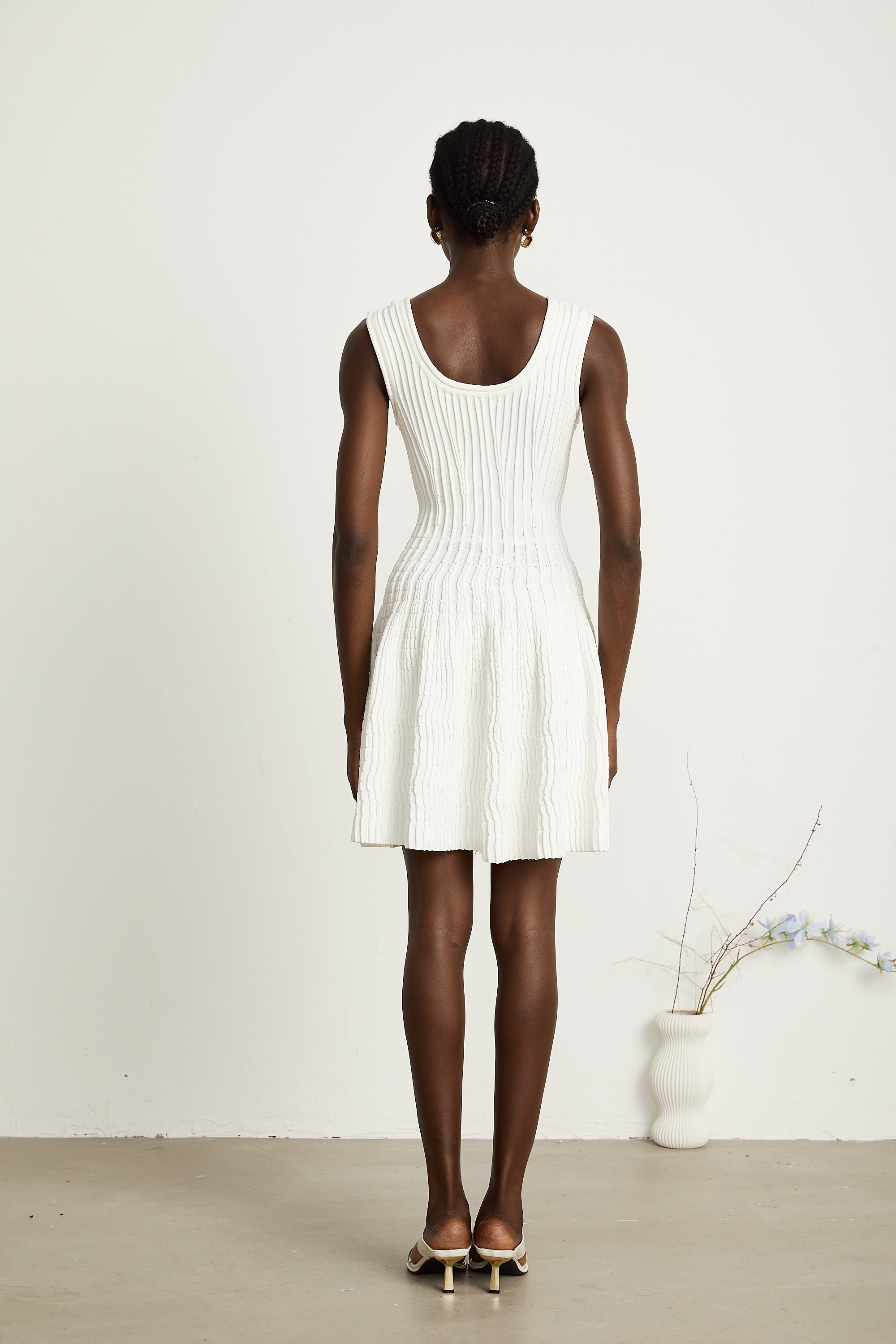 Constance white knitted pleated mini dress