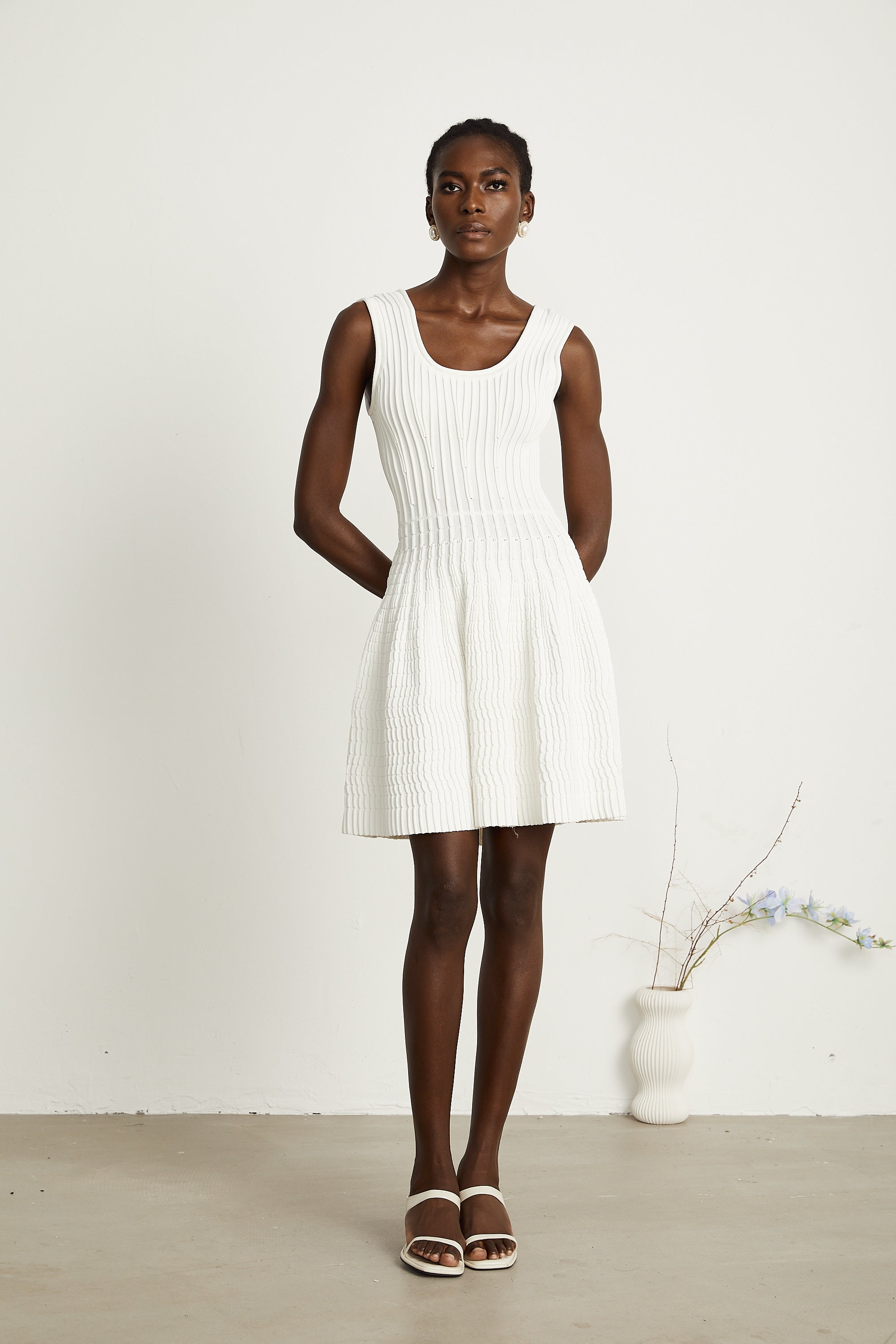 Constance white knitted pleated mini dress