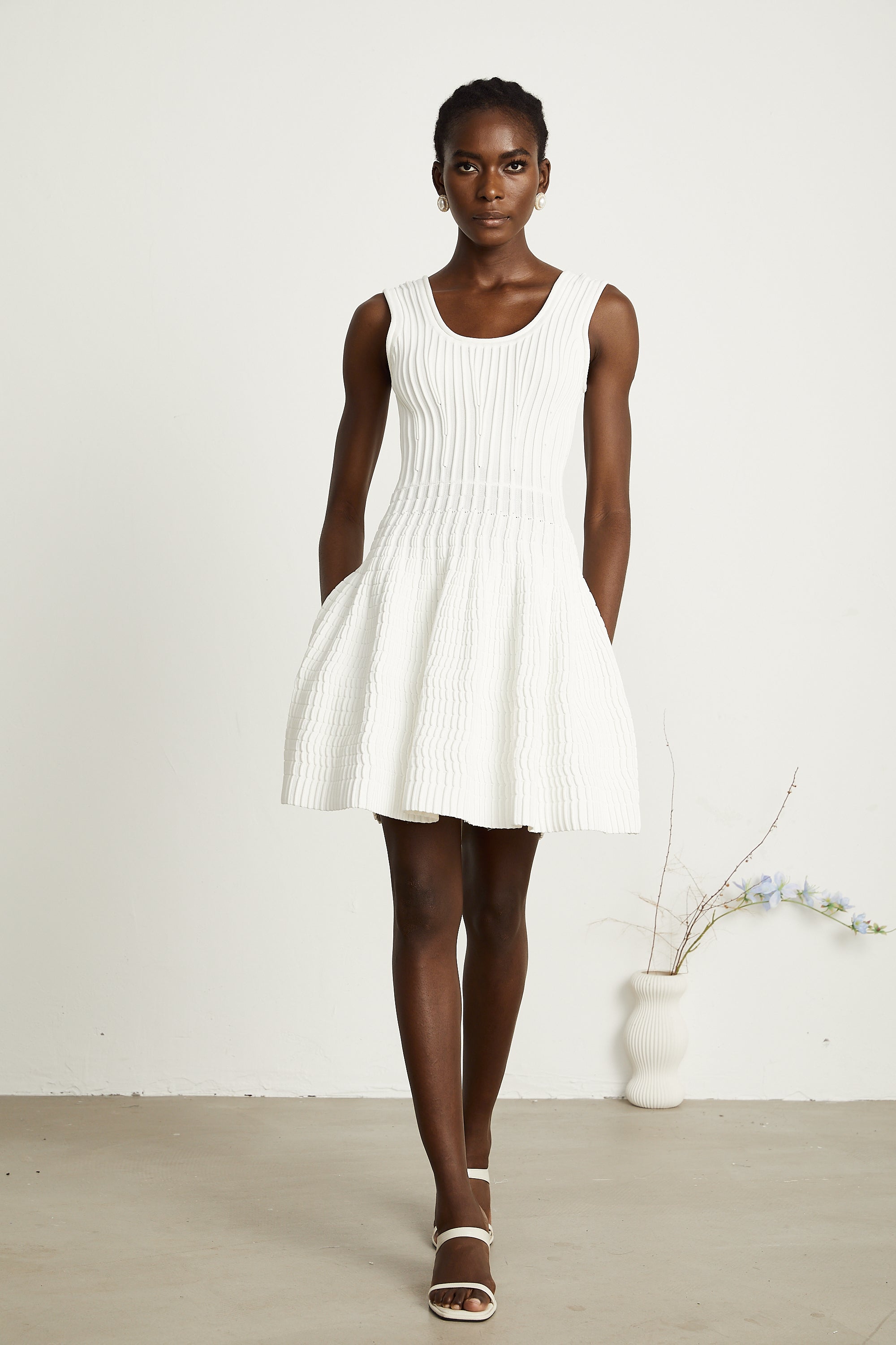 Constance white knitted pleated mini dress