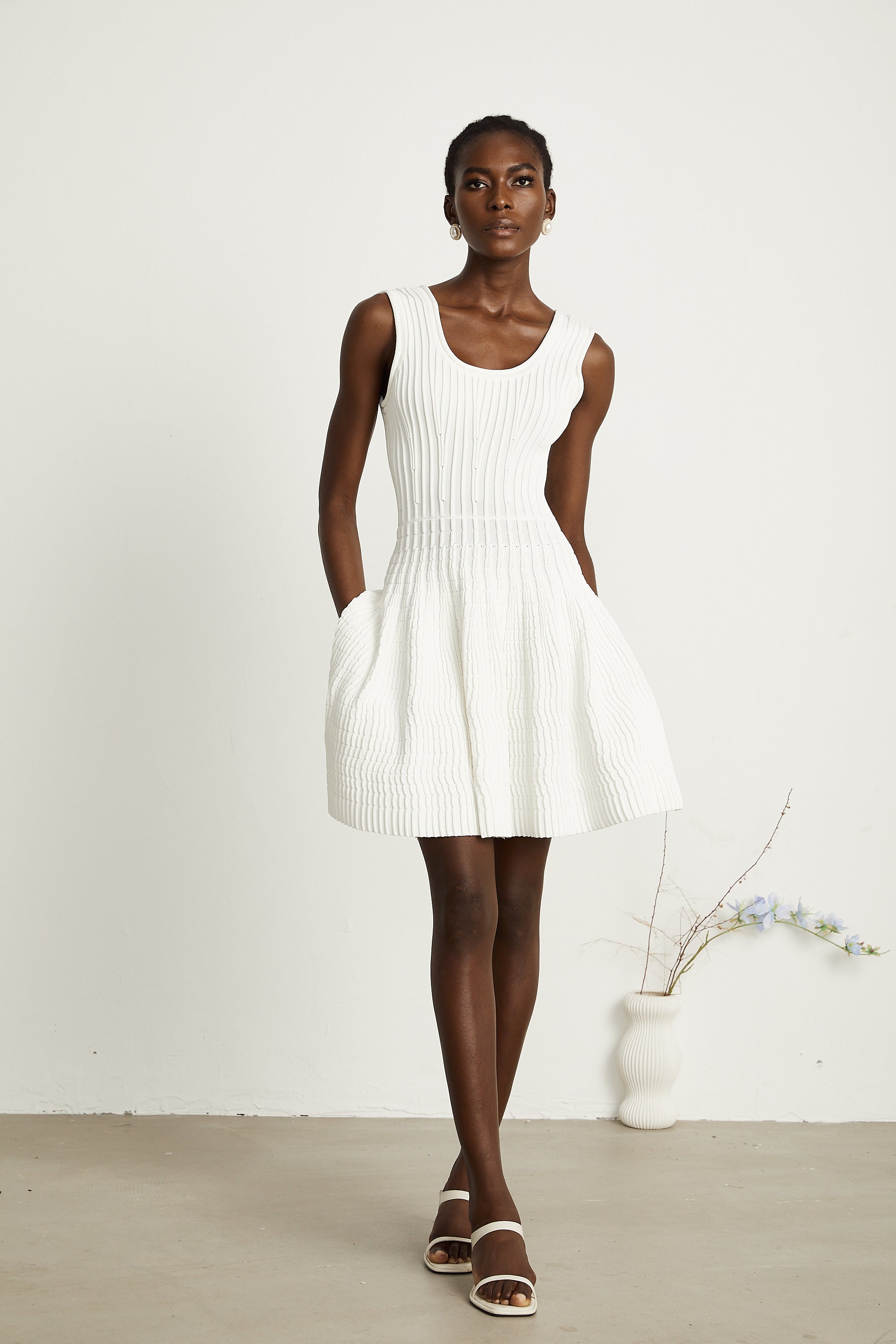 Constance white knitted pleated mini dress