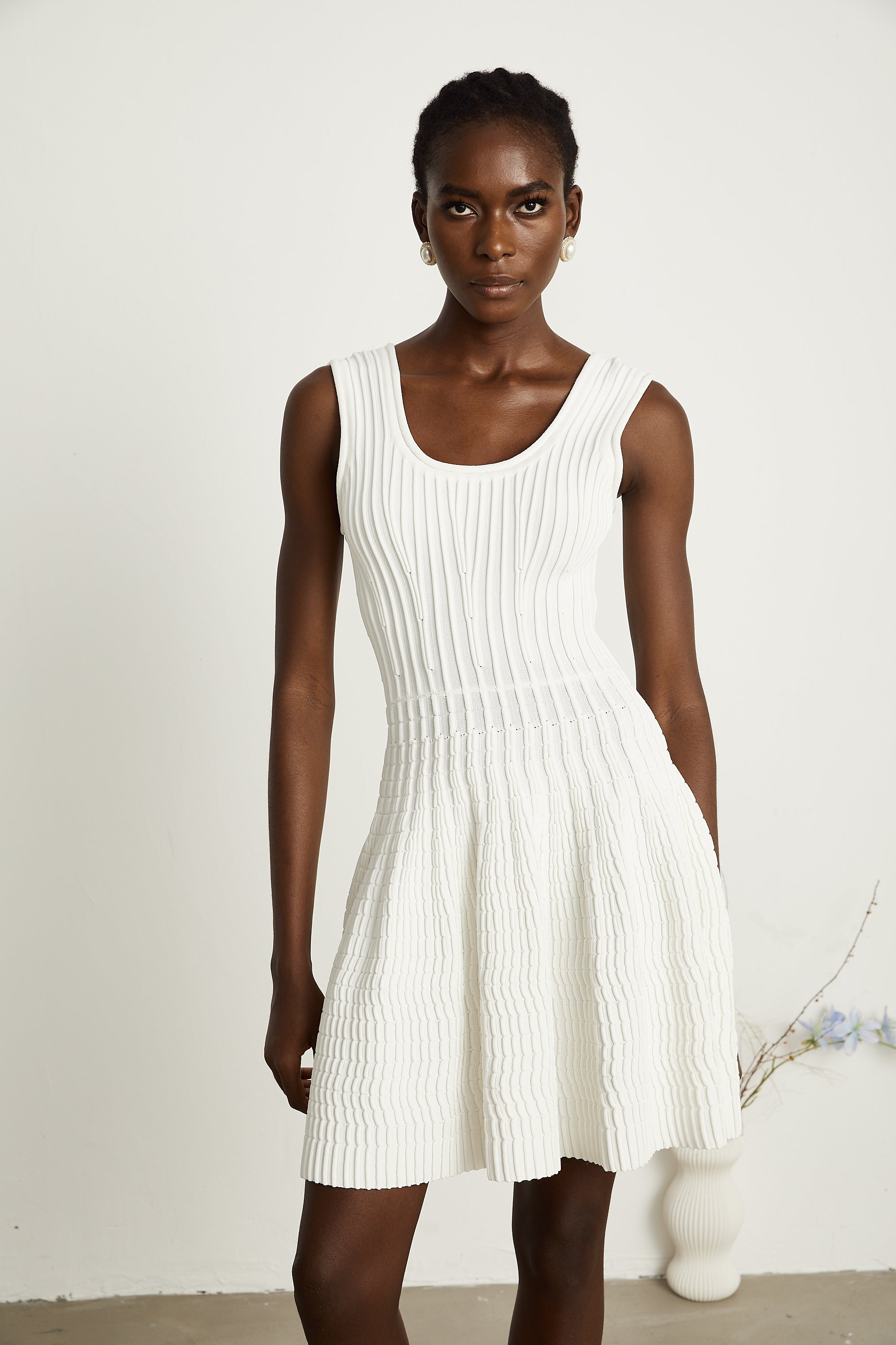 Constance white knitted pleated mini dress