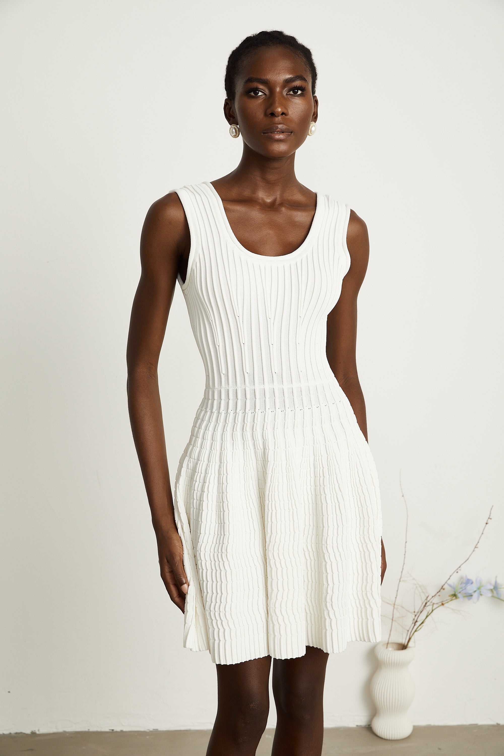 Constance white knitted pleated mini dress