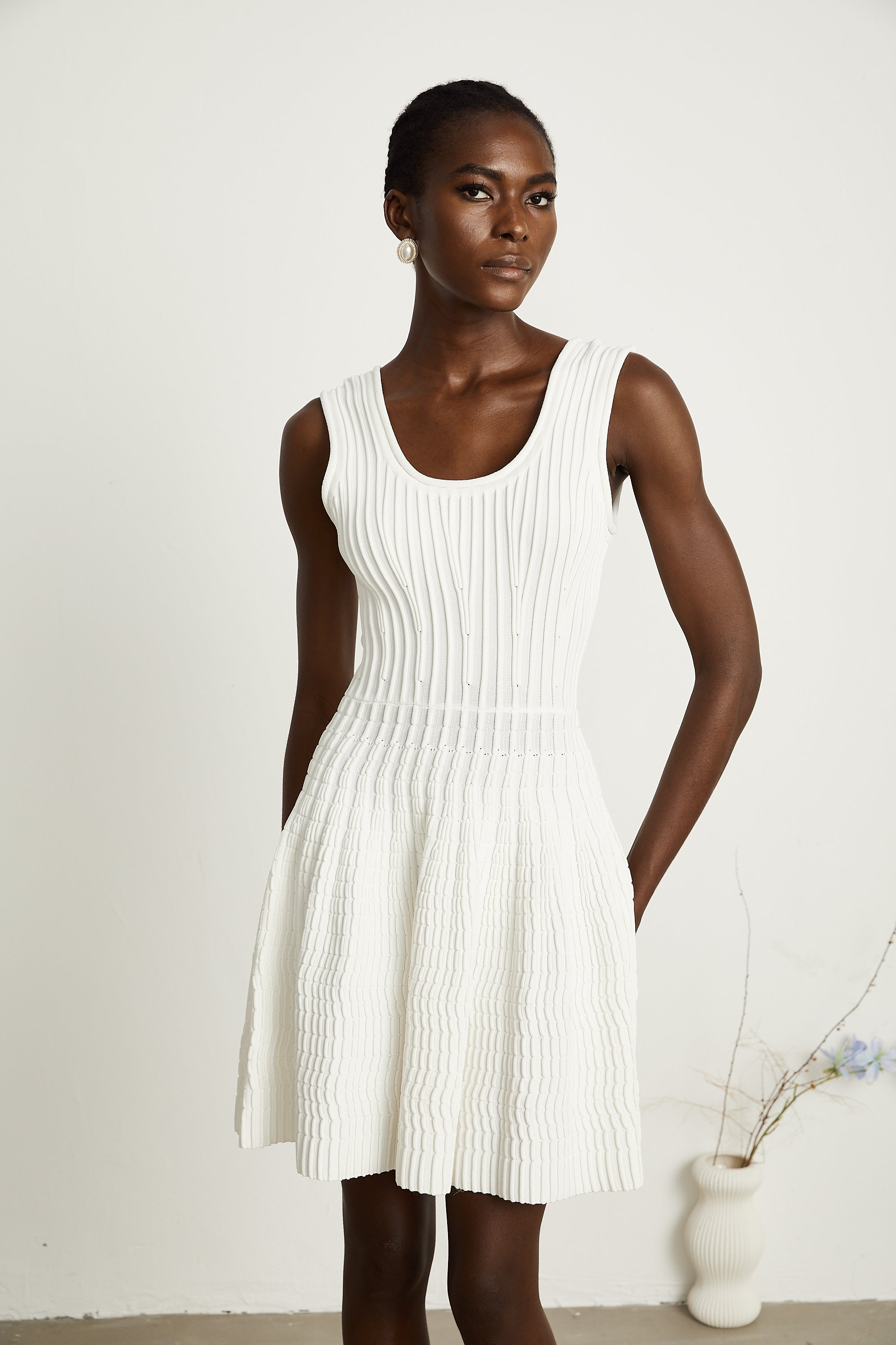 Constance white knitted pleated mini dress