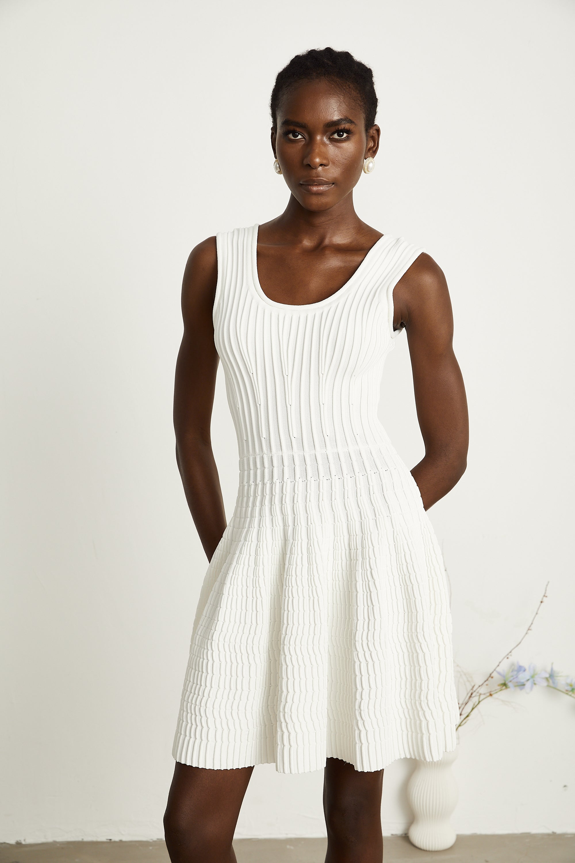 Constance white knitted pleated mini dress