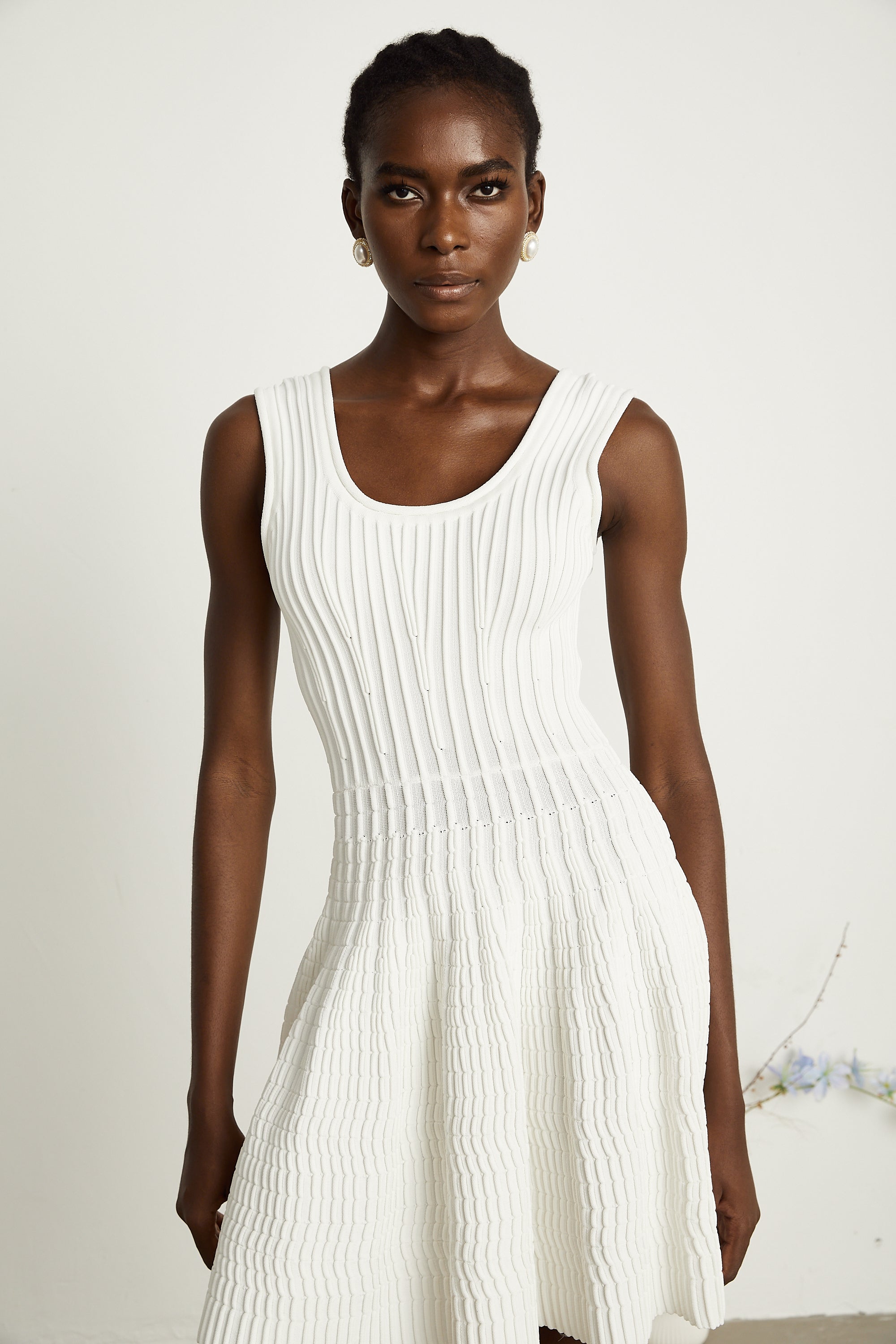 Constance white knitted pleated mini dress