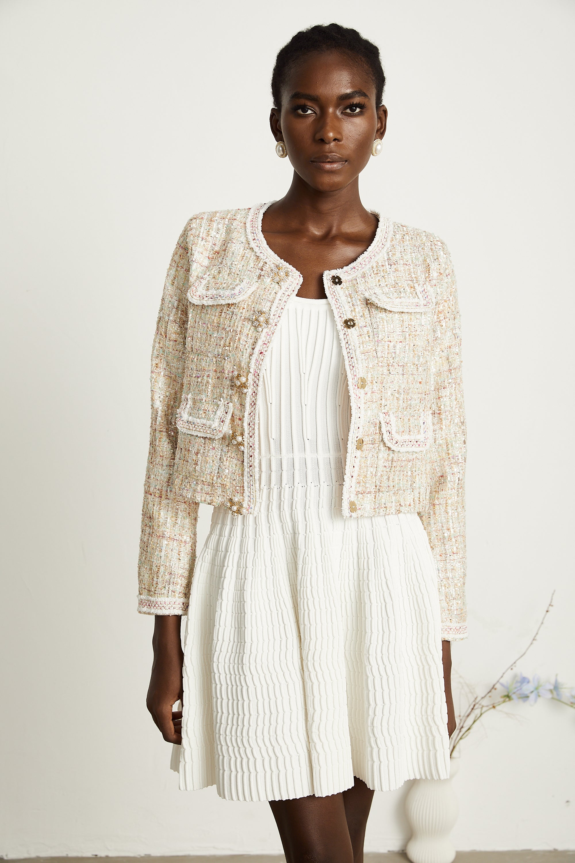 Anaïs neutrals sequin-embellished tweed jacket