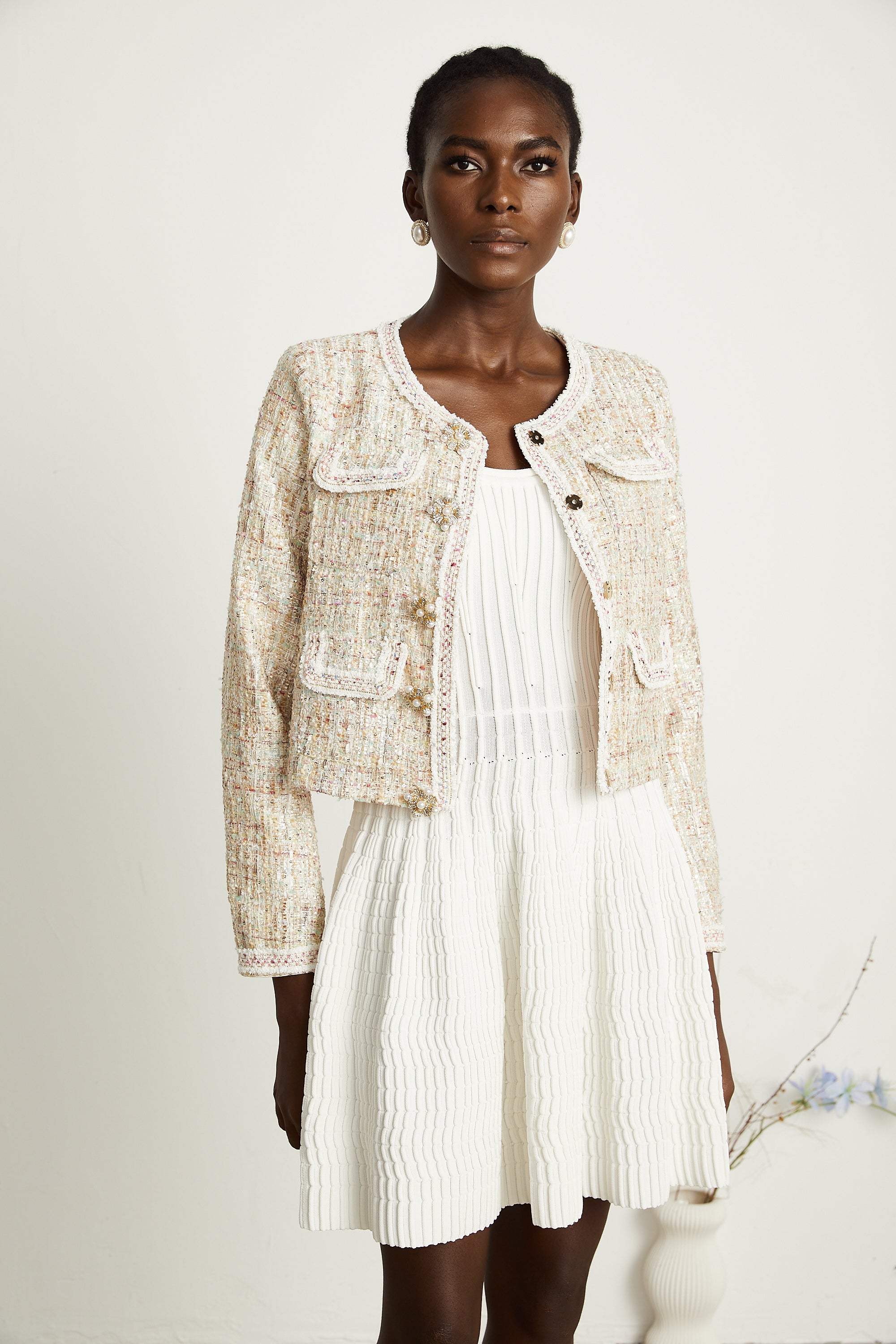 Anaïs neutrals sequin-embellished tweed jacket