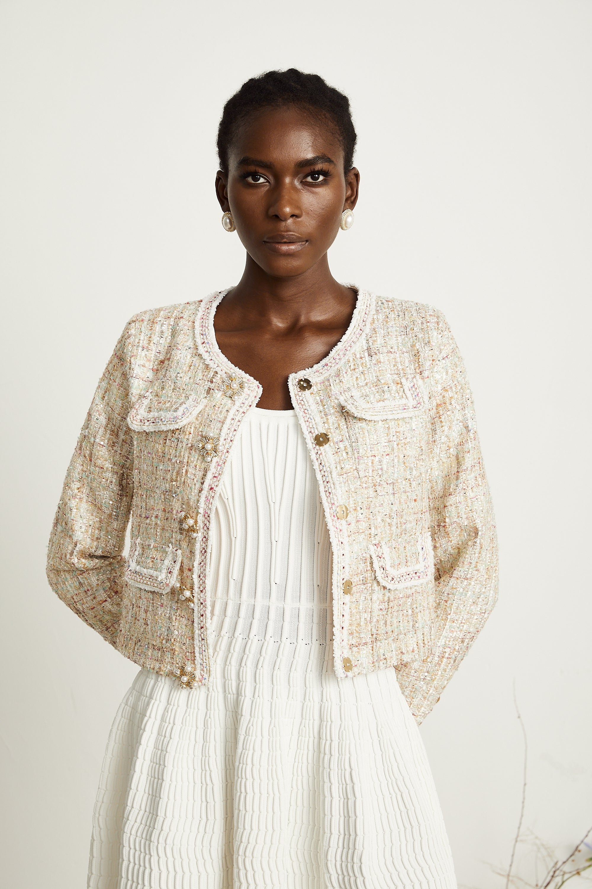 Anaïs neutrals sequin-embellished tweed jacket