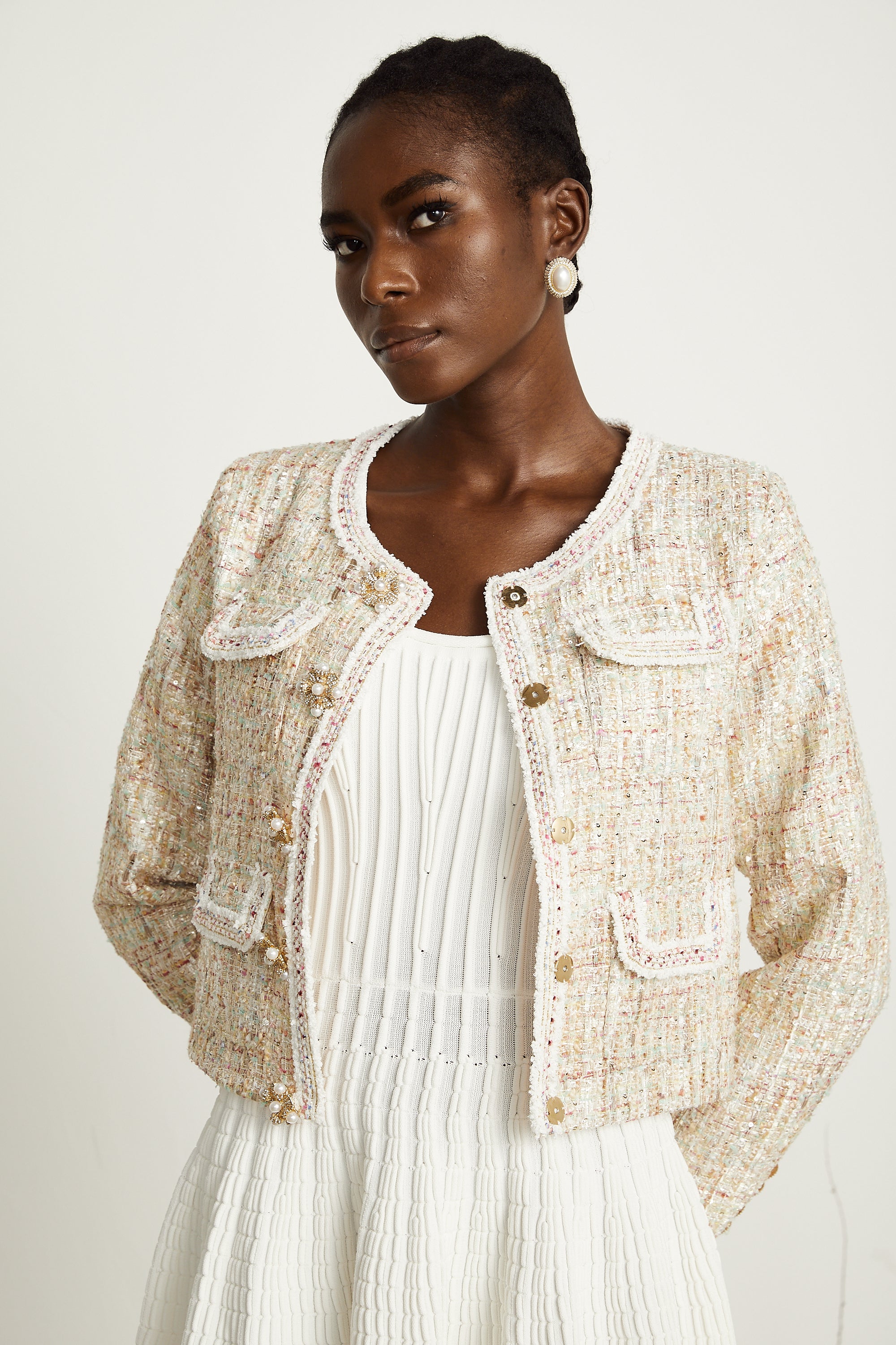 Anaïs neutrals sequin-embellished tweed jacket