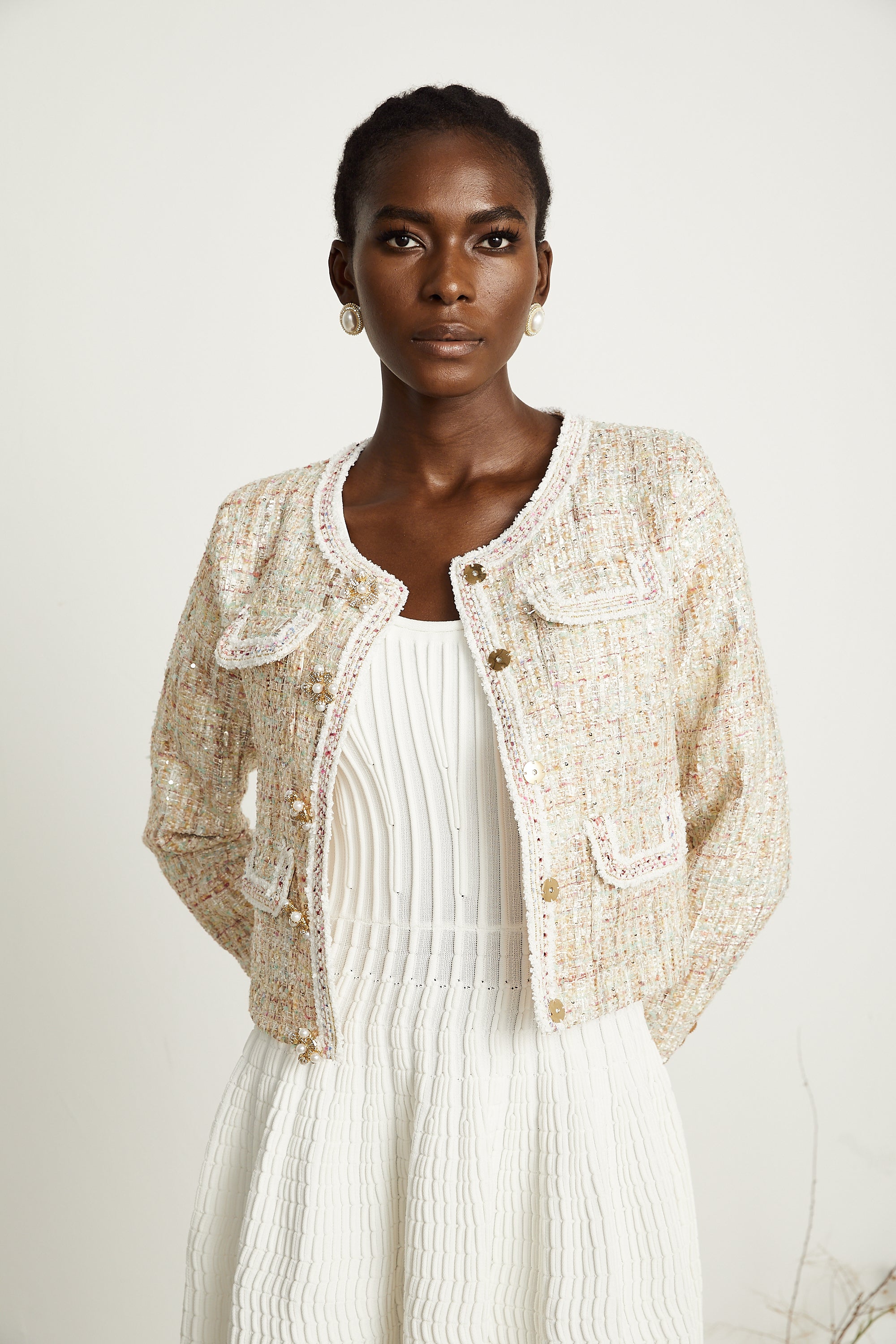 Anaïs neutrals sequin-embellished tweed jacket