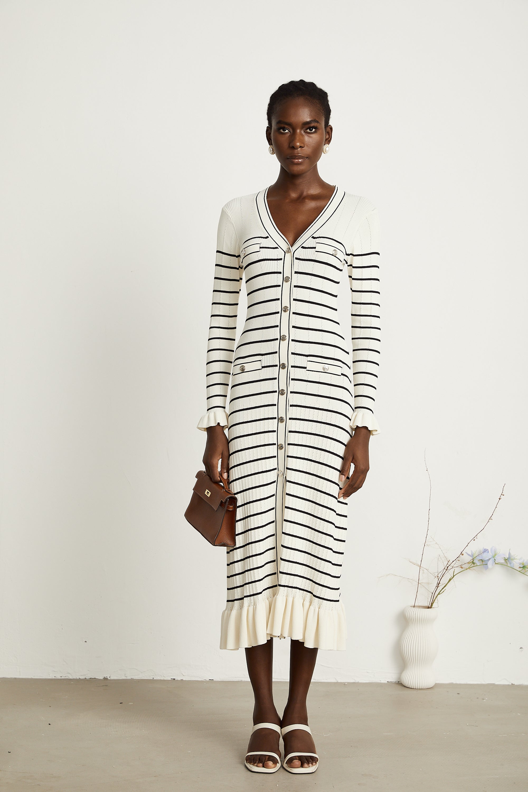 Liana white striped fluted-hem midi dress