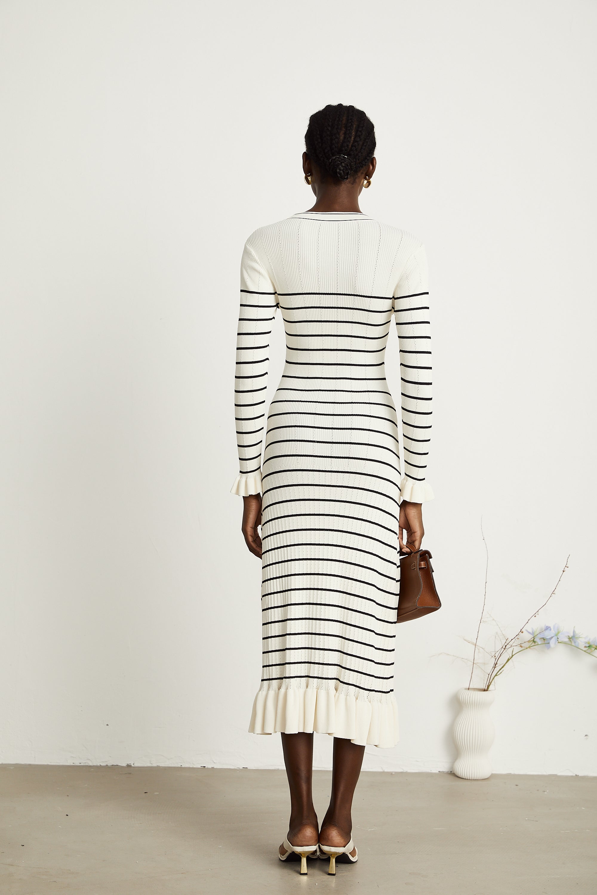 Liana white striped fluted-hem midi dress