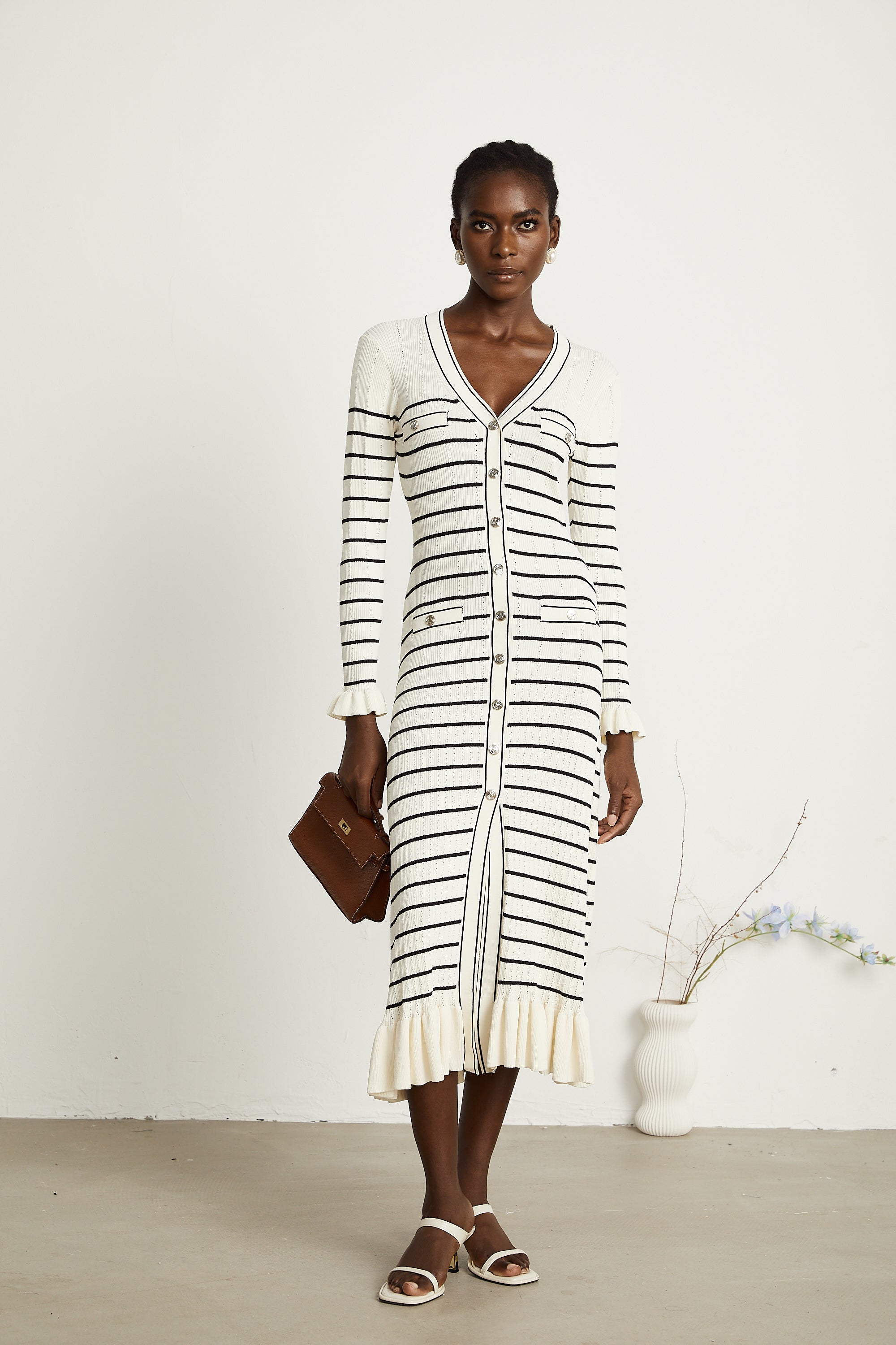 Liana white striped fluted-hem midi dress