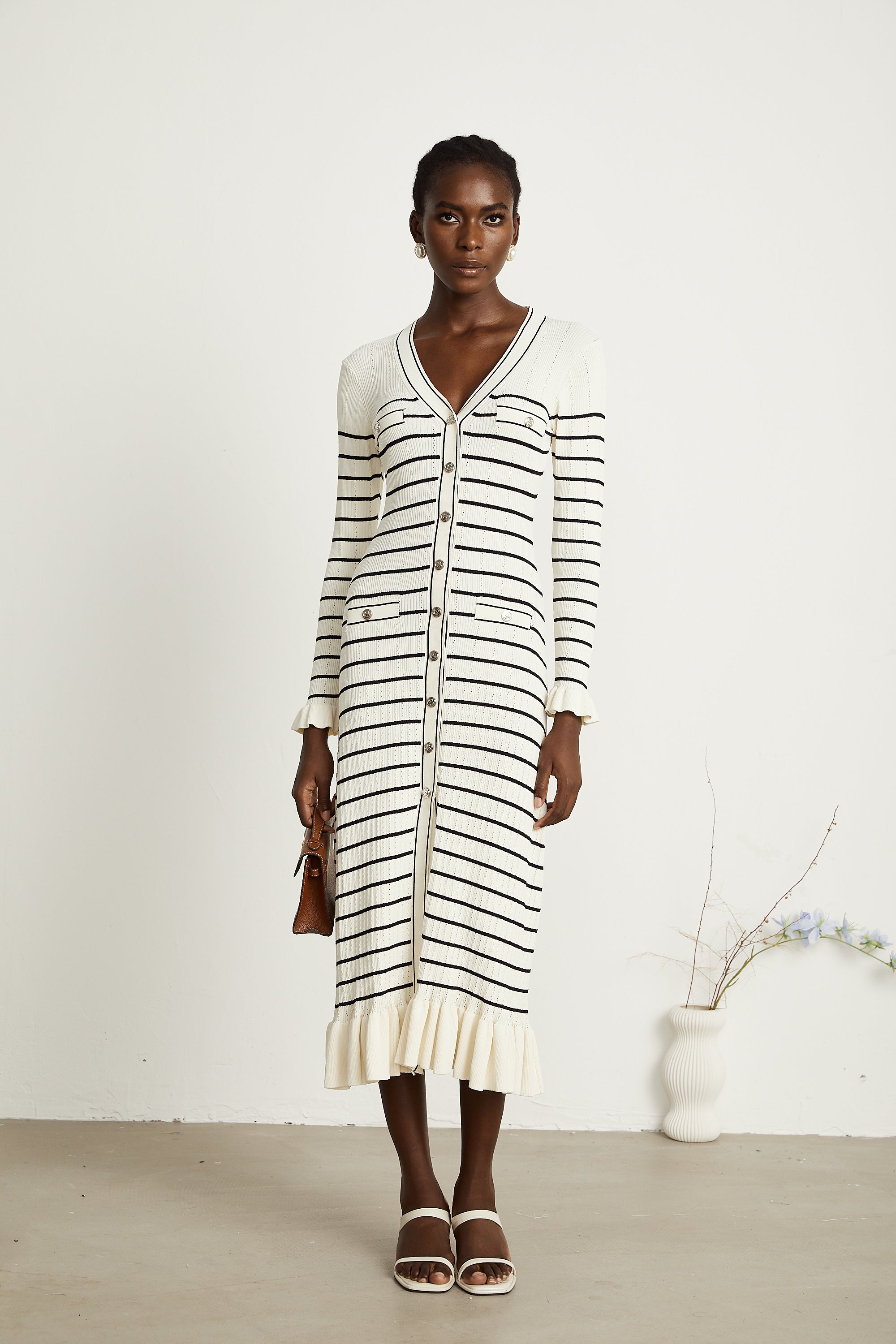 Liana white striped fluted-hem midi dress