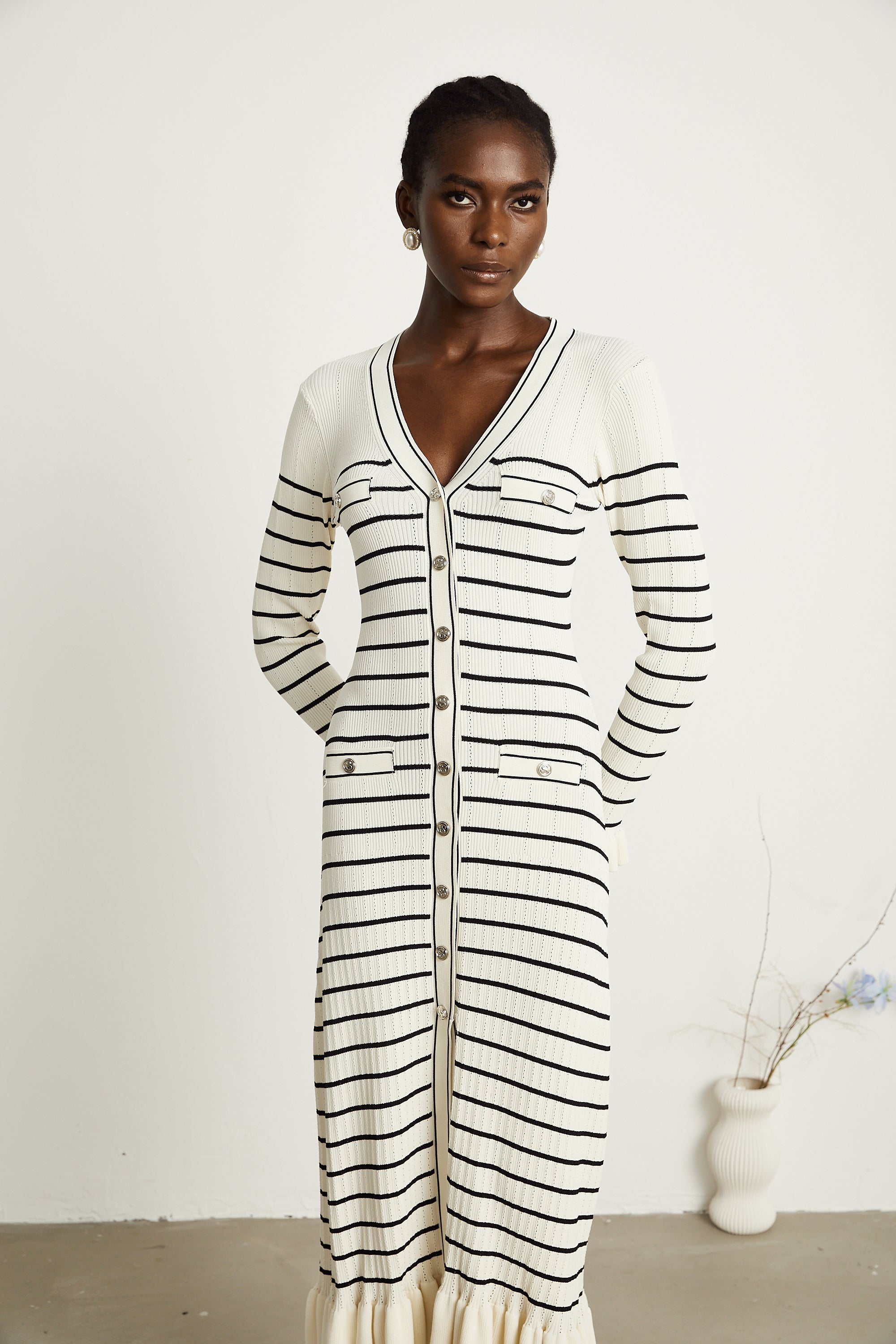 Liana white striped fluted-hem midi dress