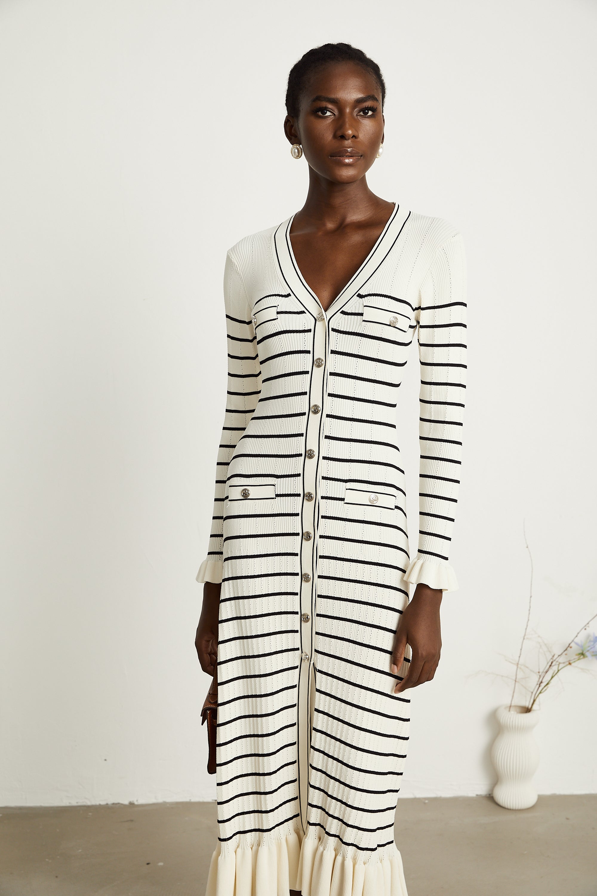 Liana white striped fluted-hem midi dress