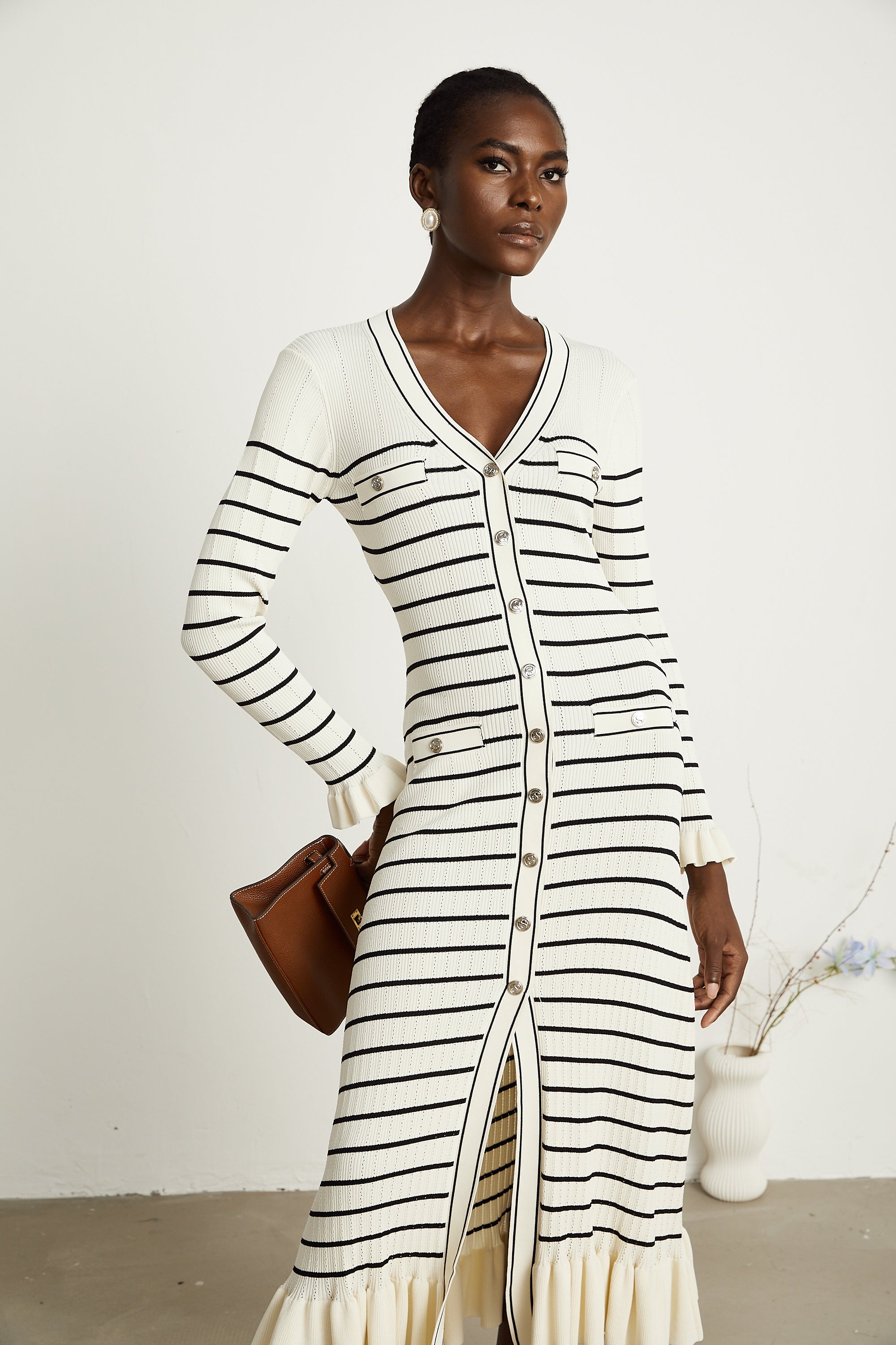 Liana white striped fluted-hem midi dress