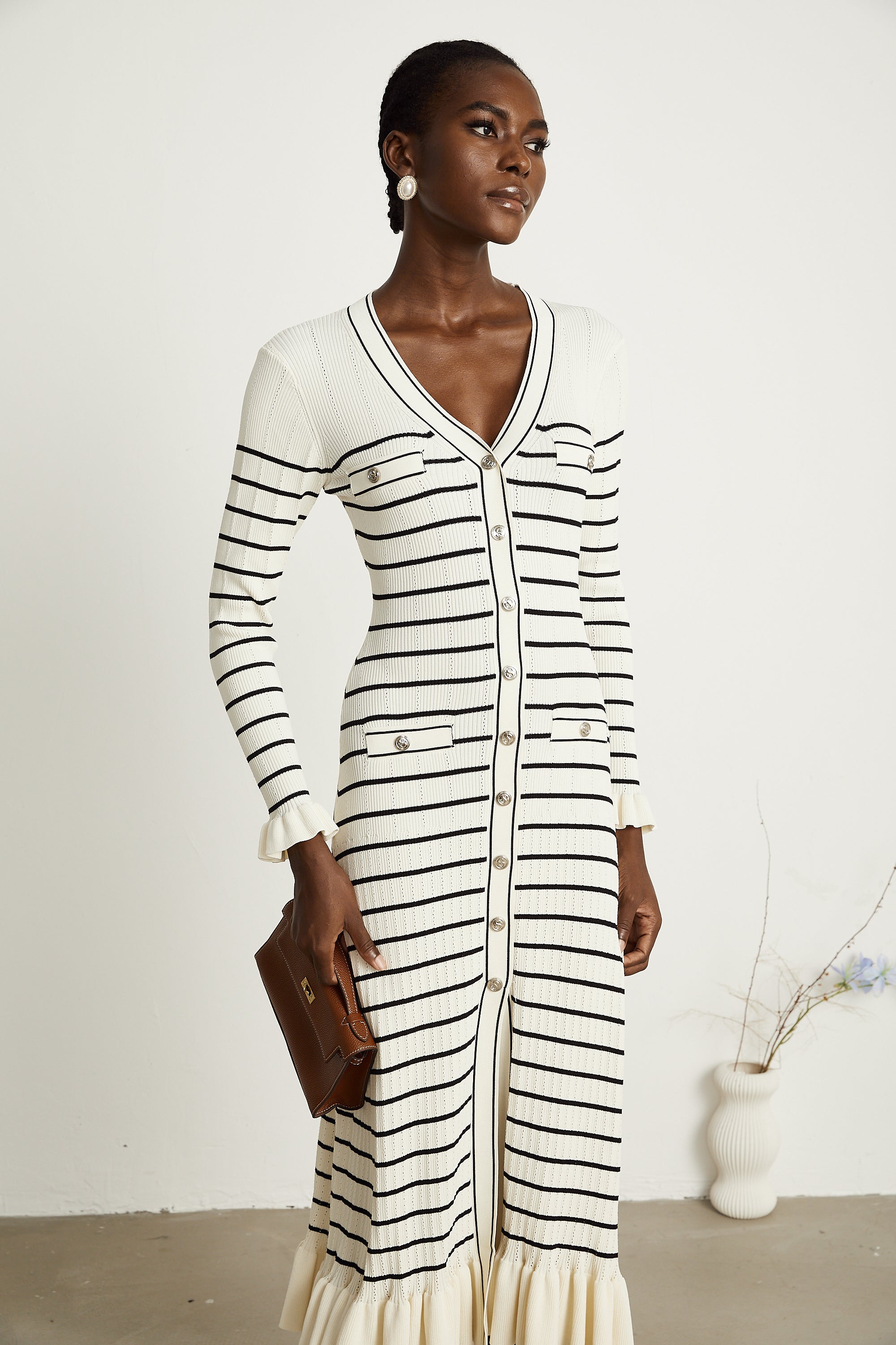 Liana white striped fluted-hem midi dress