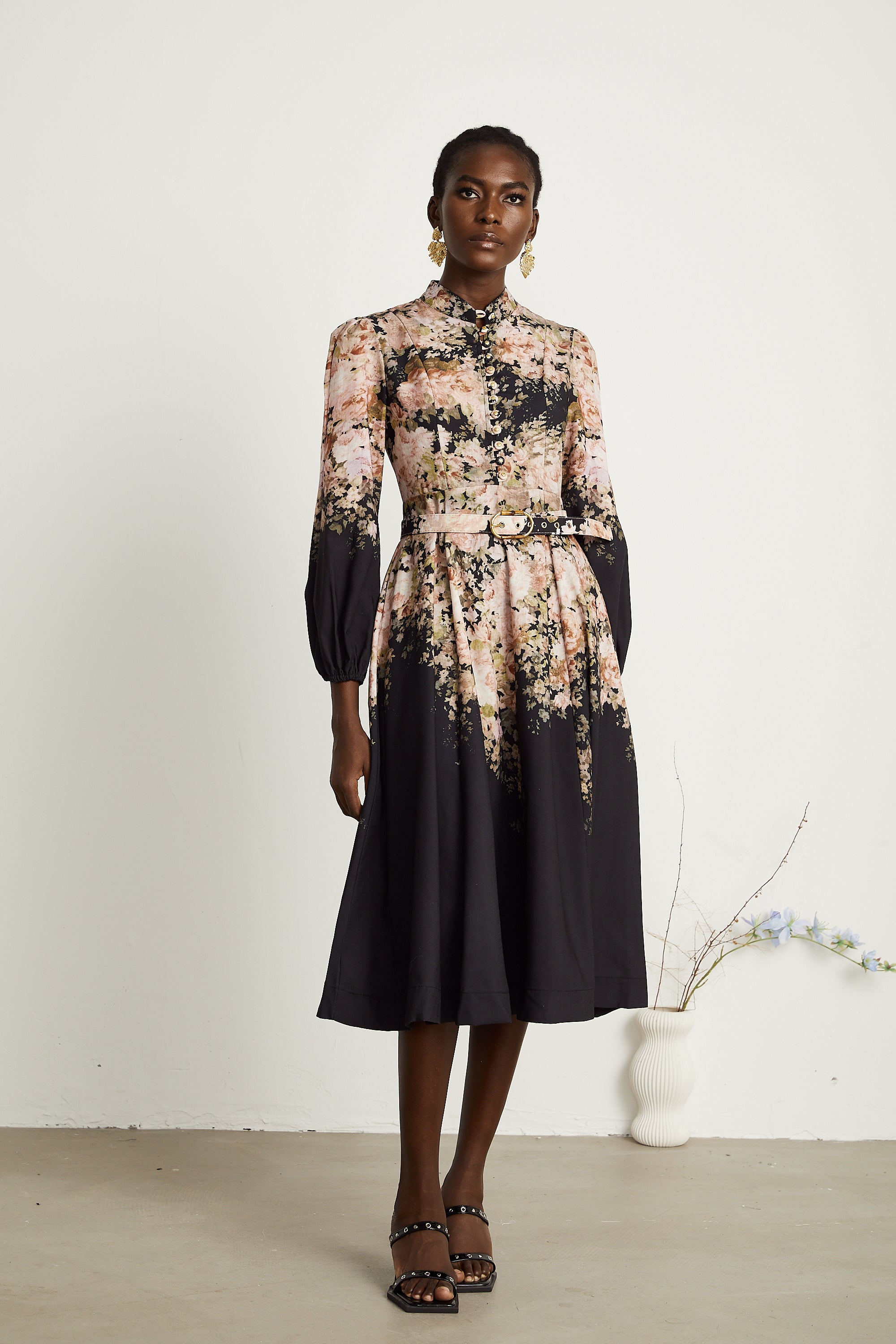 Ariane black floral-print belted midi dress