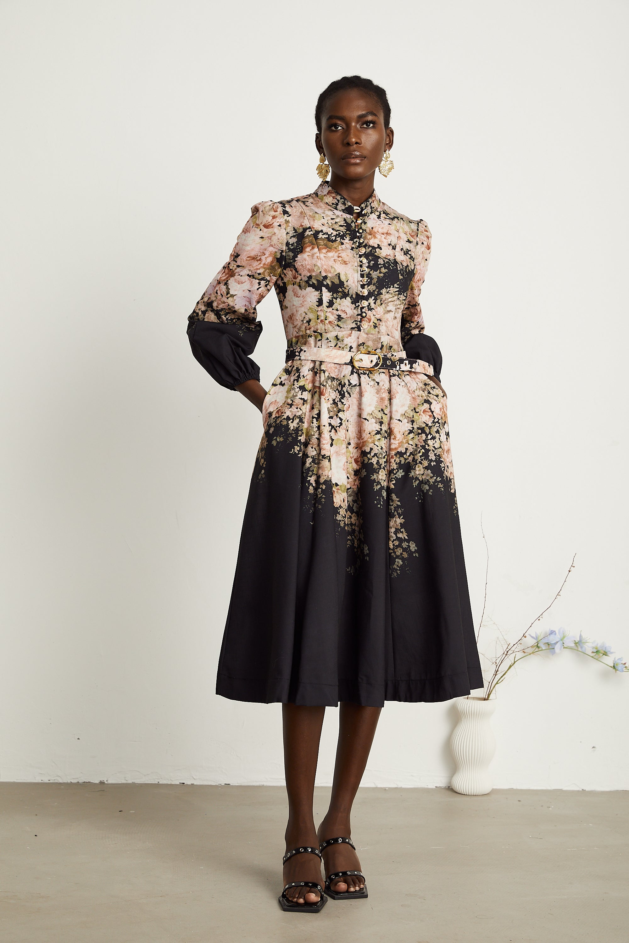 Ariane black floral-print belted midi dress