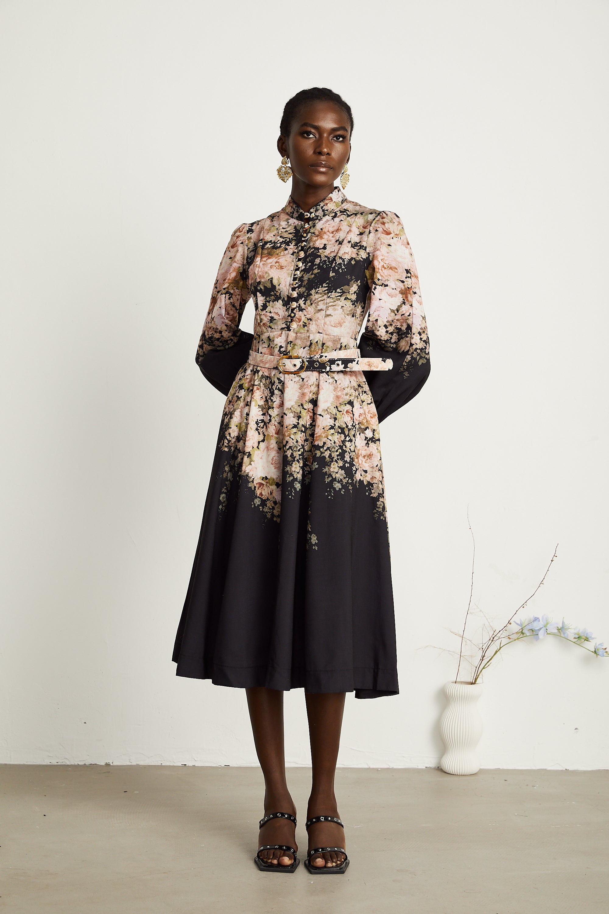 Ariane black floral-print belted midi dress