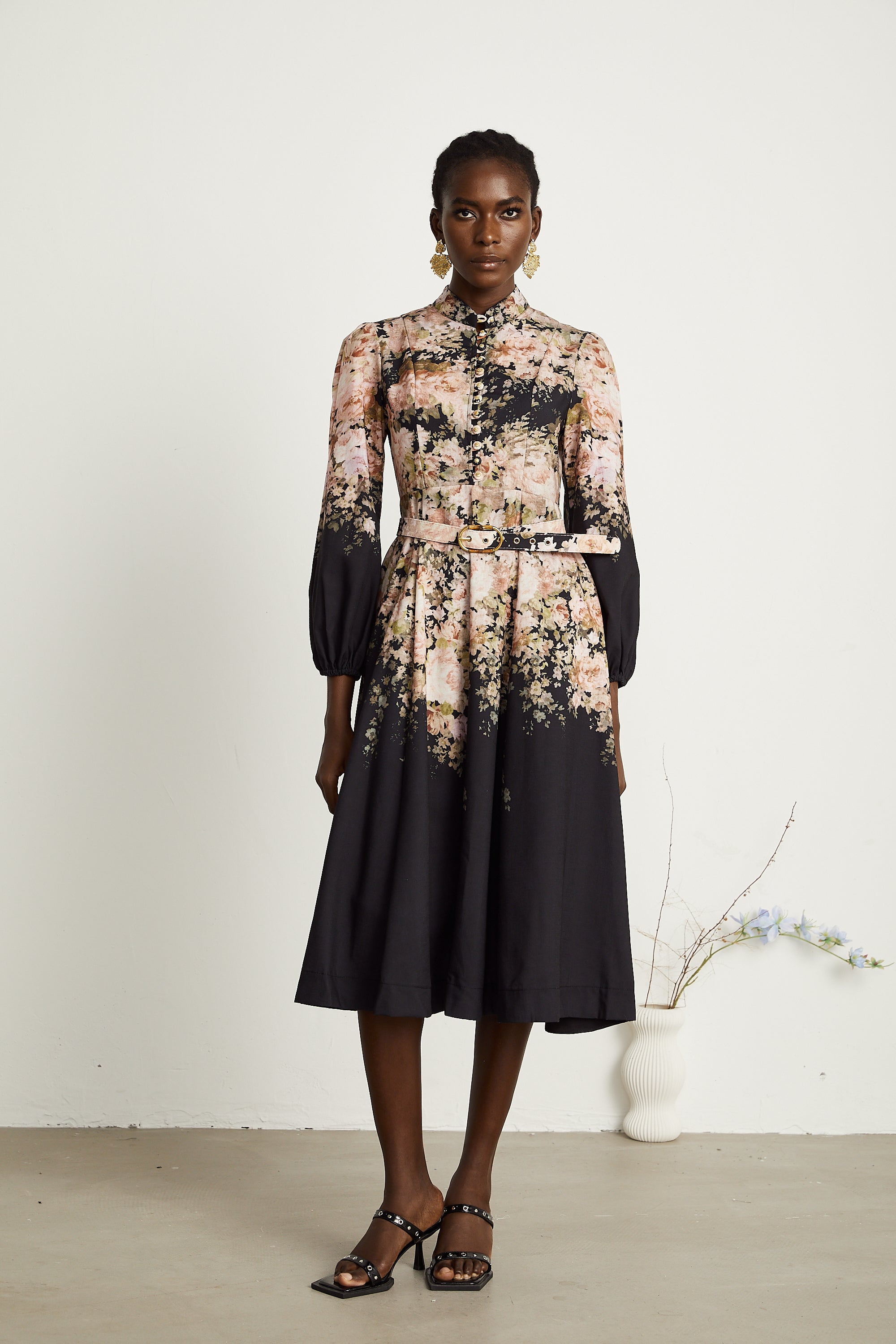 Ariane black floral-print belted midi dress