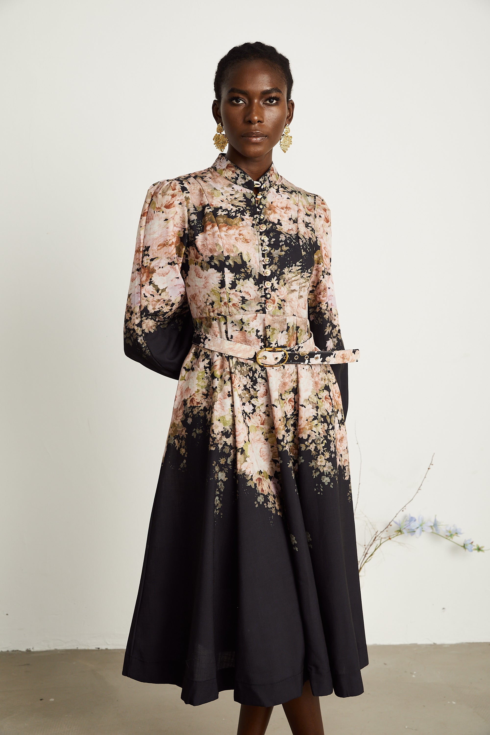 Ariane black floral-print belted midi dress