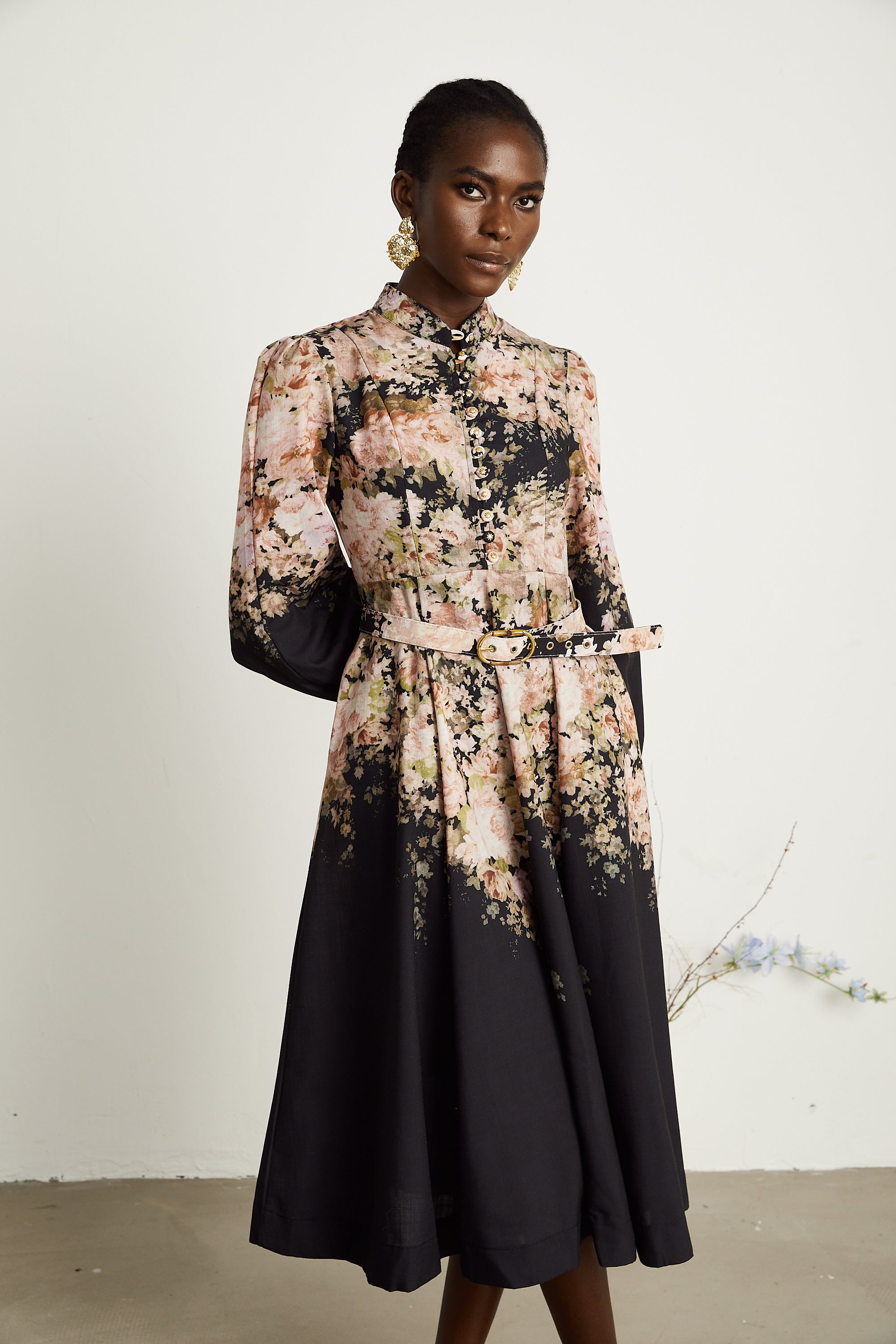 Ariane black floral-print belted midi dress