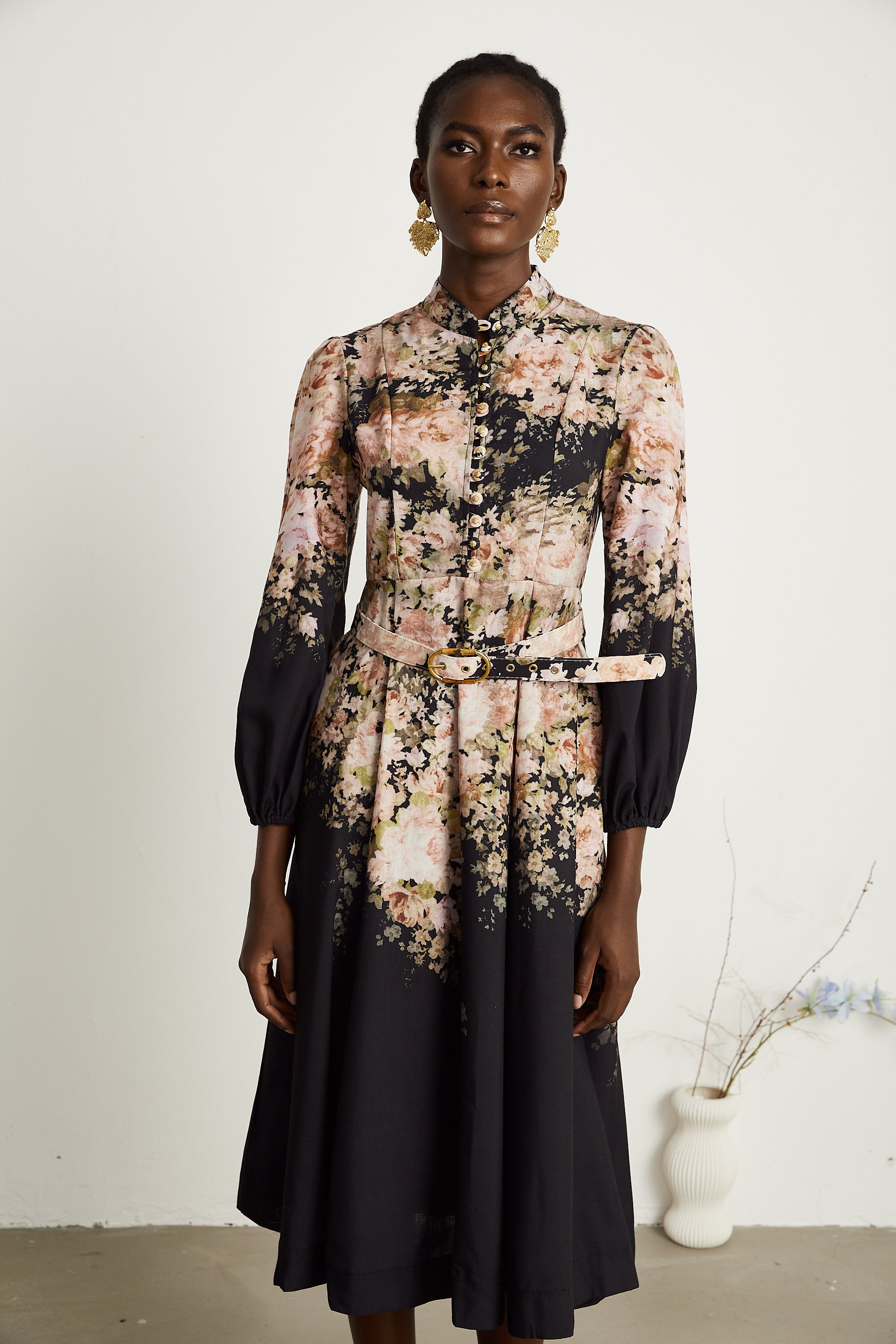 Ariane black floral-print belted midi dress