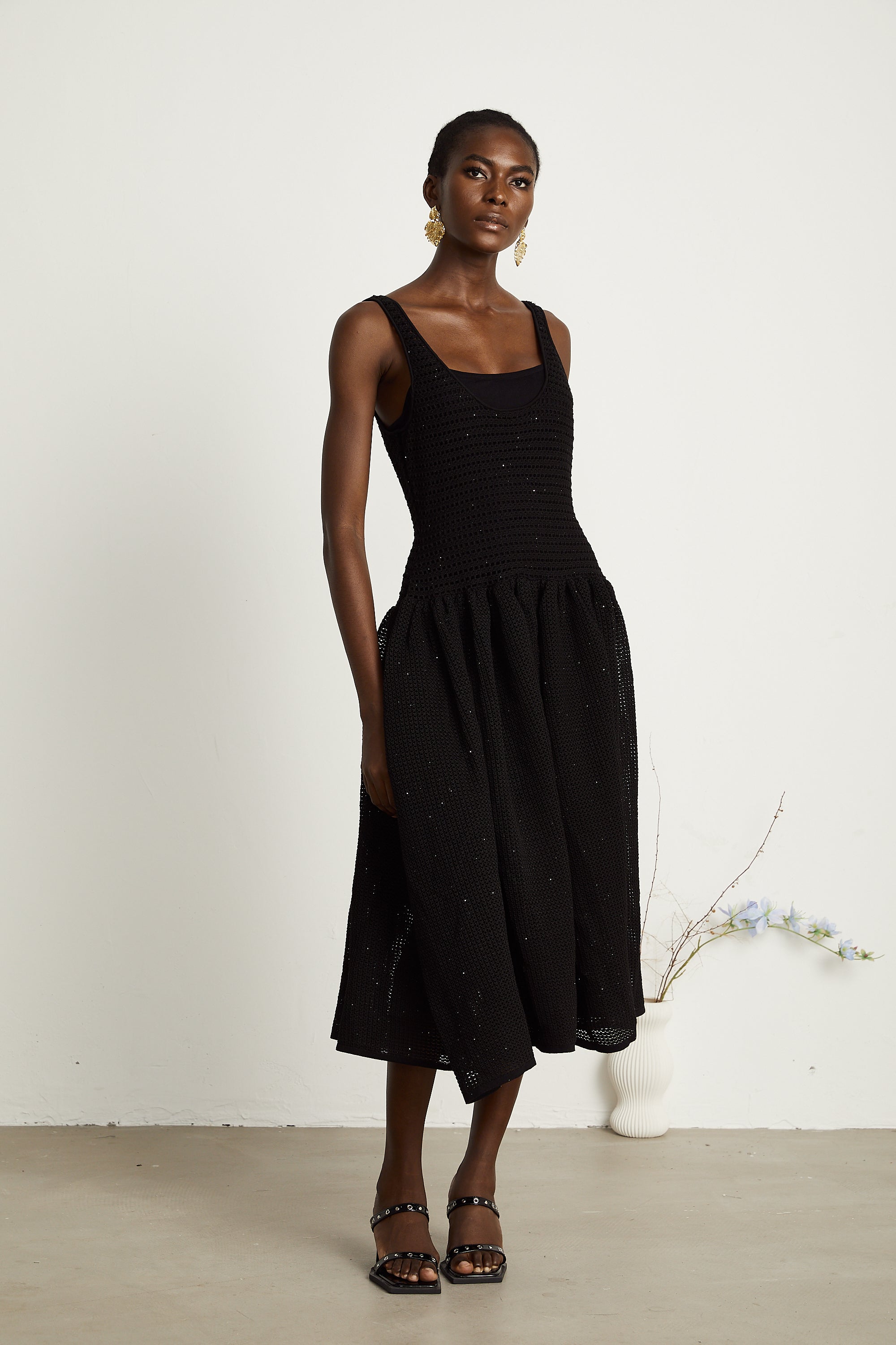 Clotilde black crochet-knit midi dress