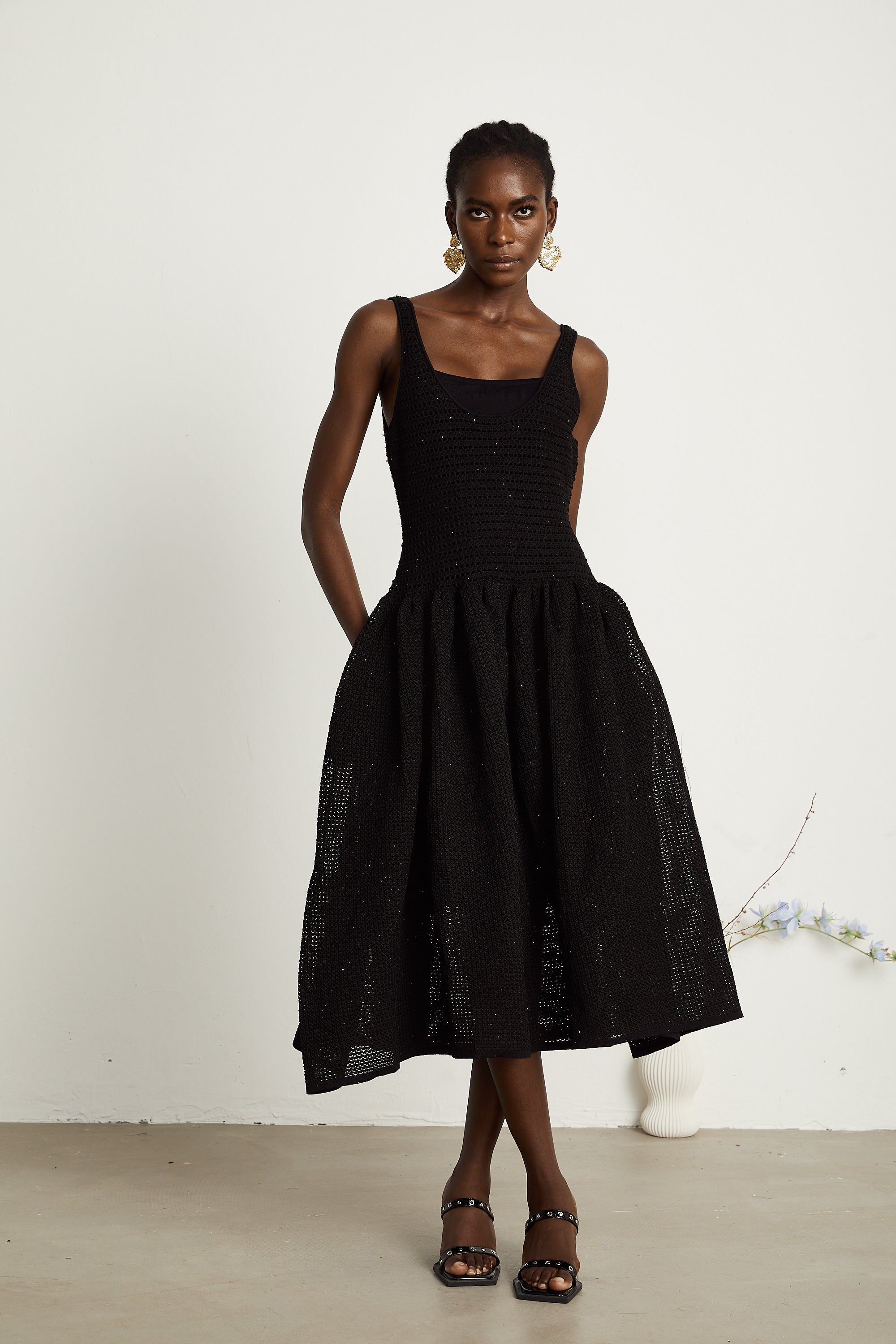 Clotilde black crochet-knit midi dress