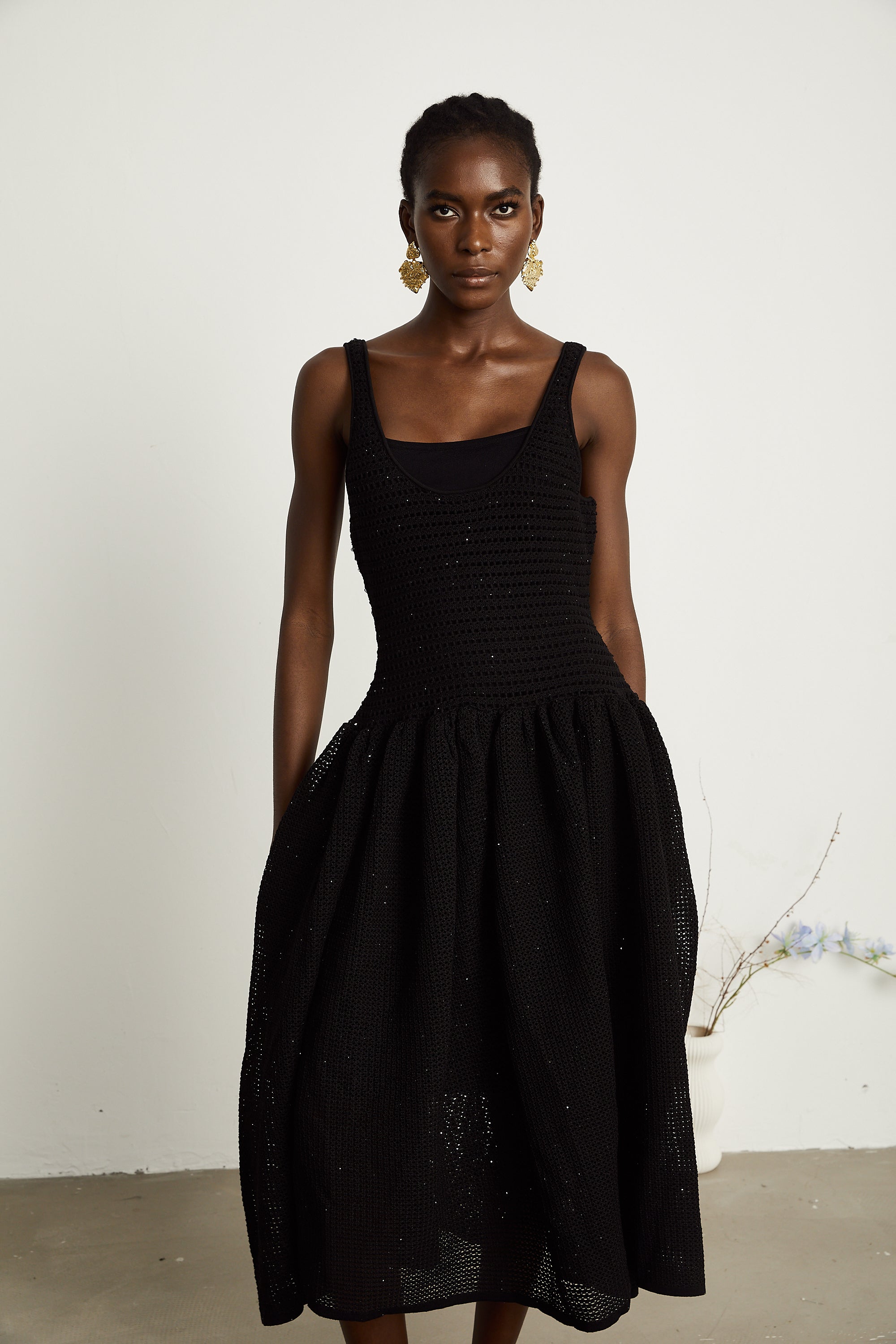 Clotilde black crochet-knit midi dress