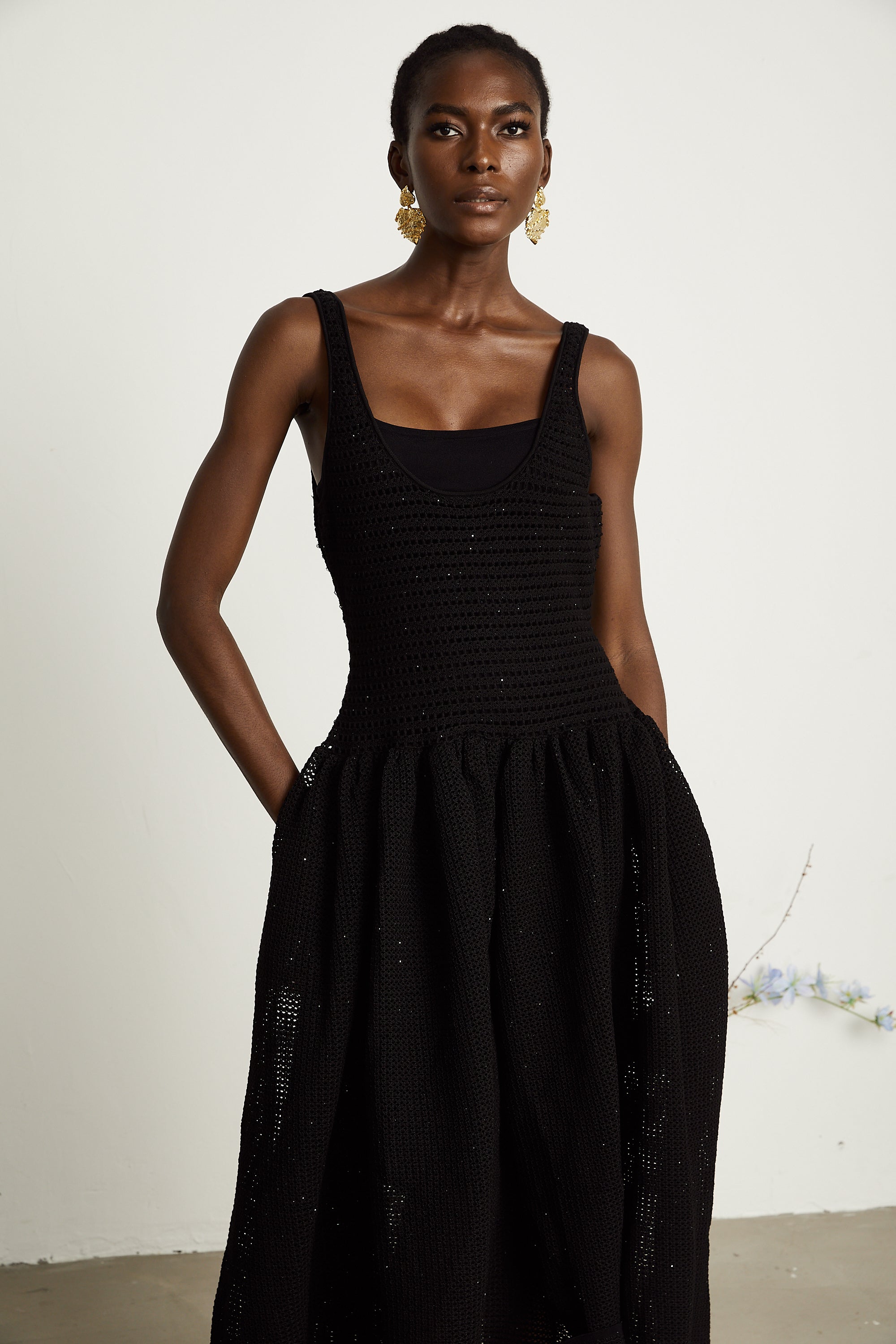 Clotilde black crochet-knit midi dress