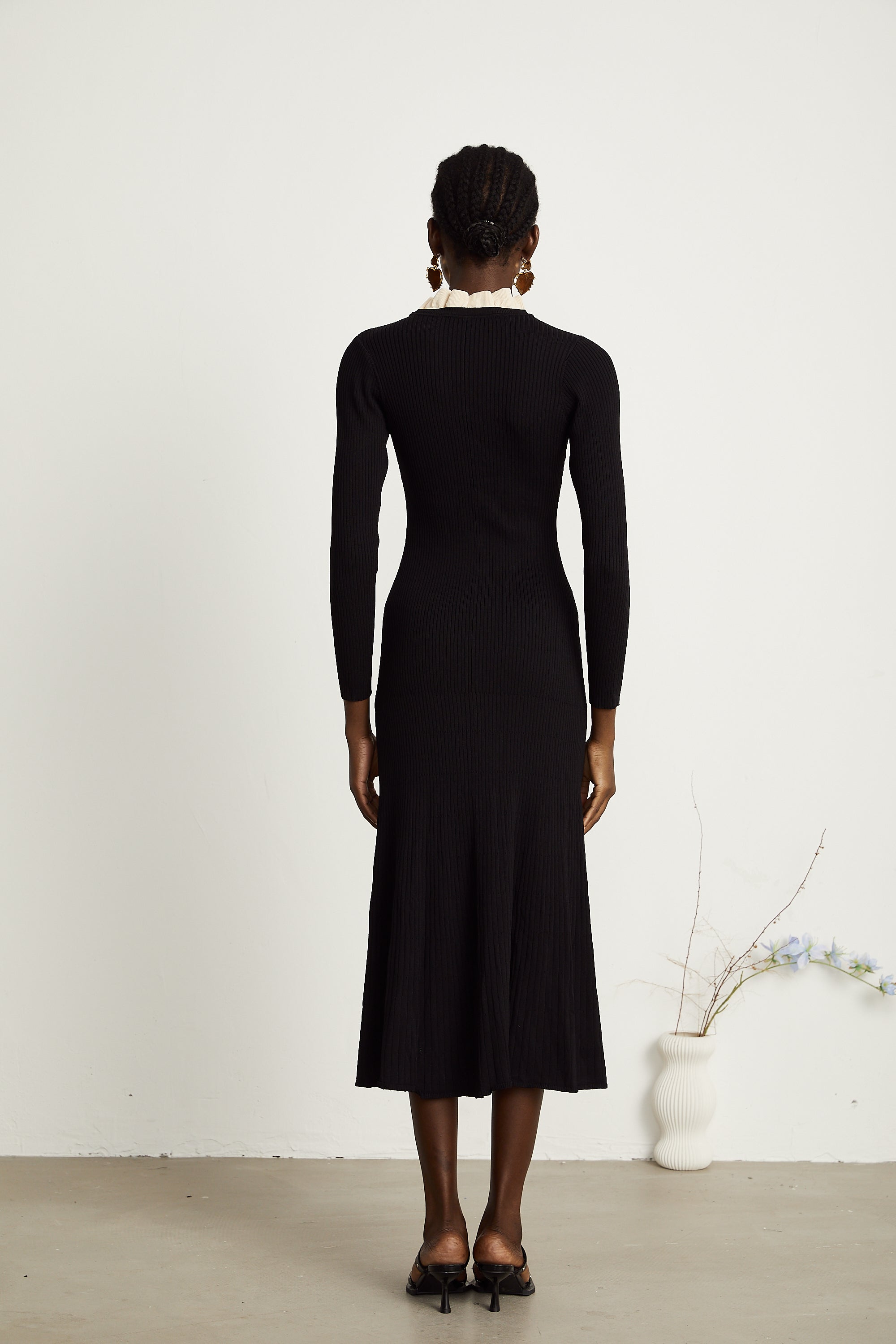 Nadège black ruffled-neck knitted midi dress