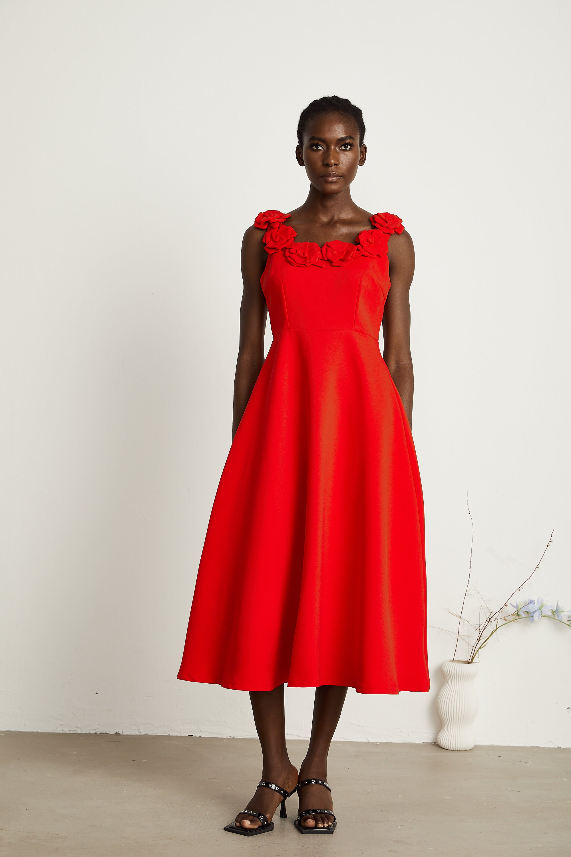 Odette red faux-flower maxi dress