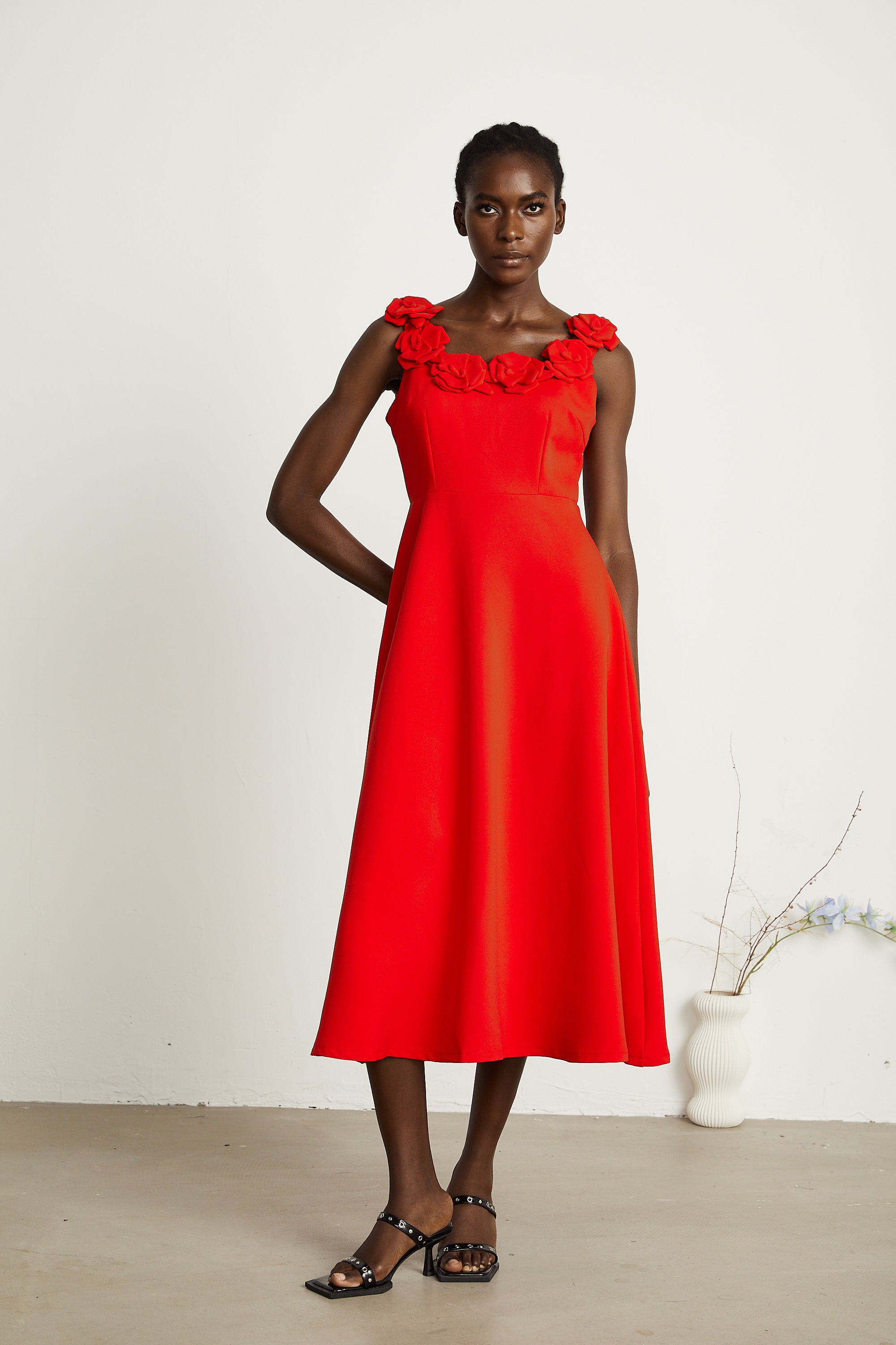 Odette red faux-flower maxi dress