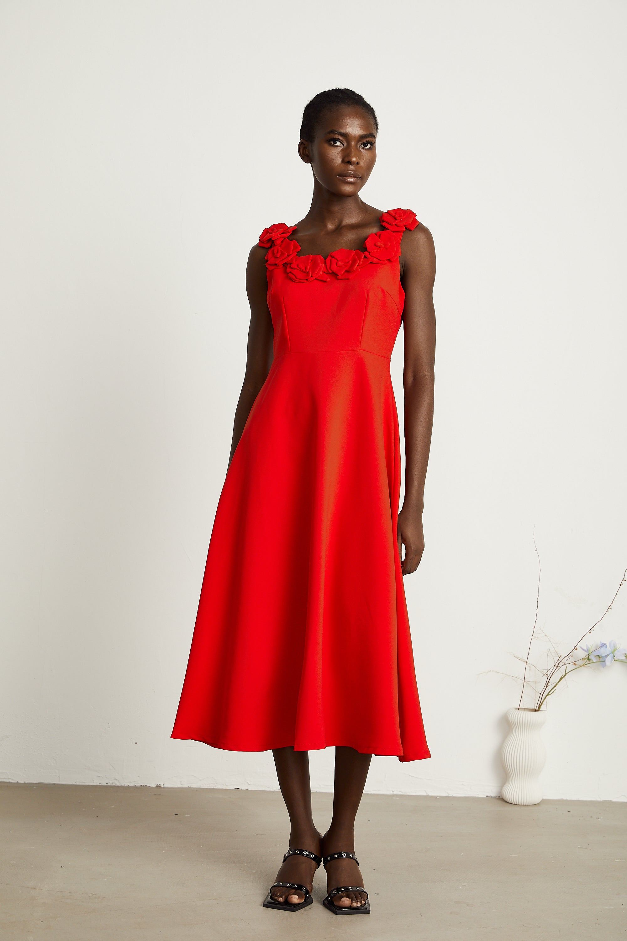 Odette red faux-flower maxi dress