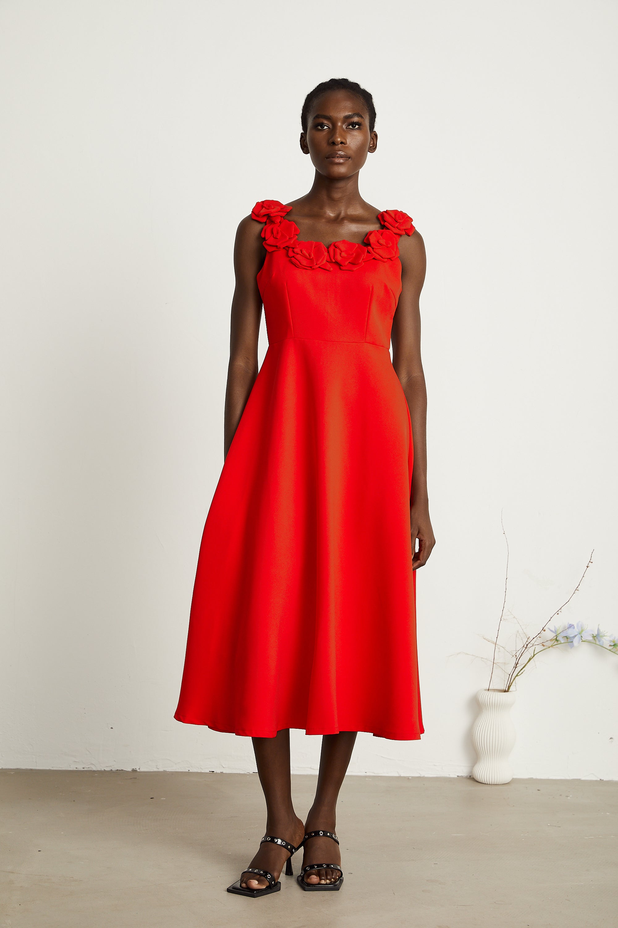 Odette red faux-flower maxi dress