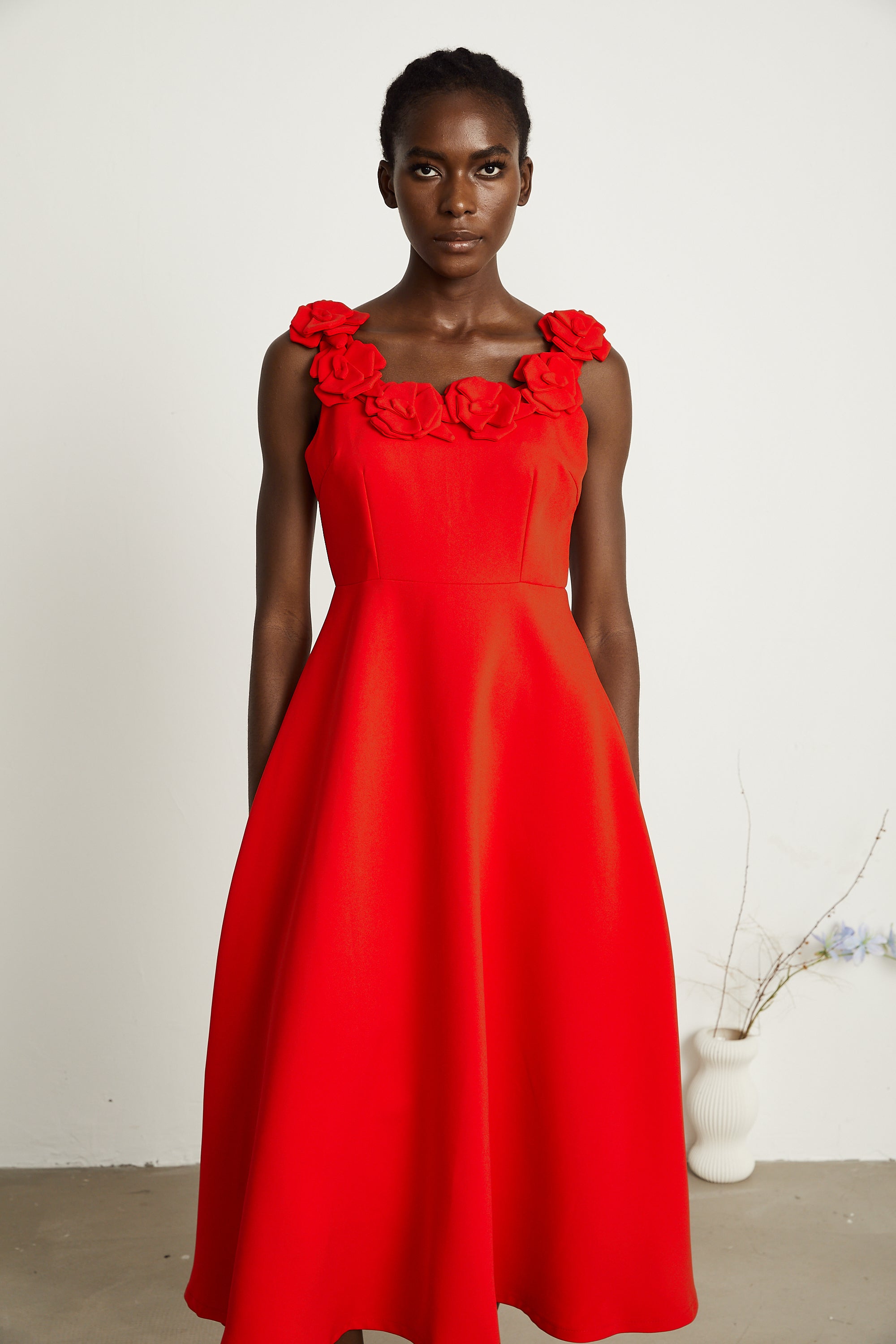 Odette red faux-flower maxi dress