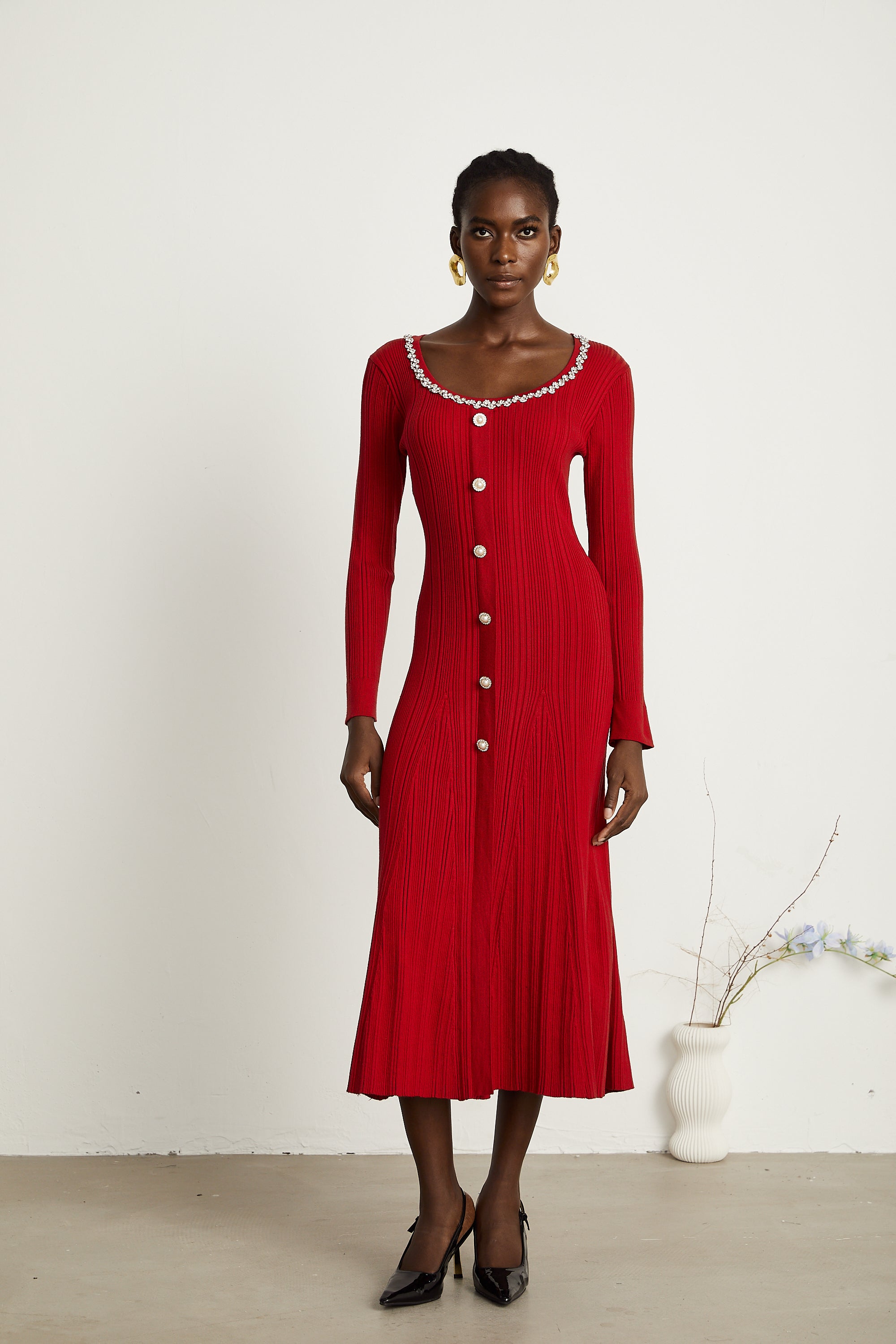 Anaxarete red embellished knitted midi dress