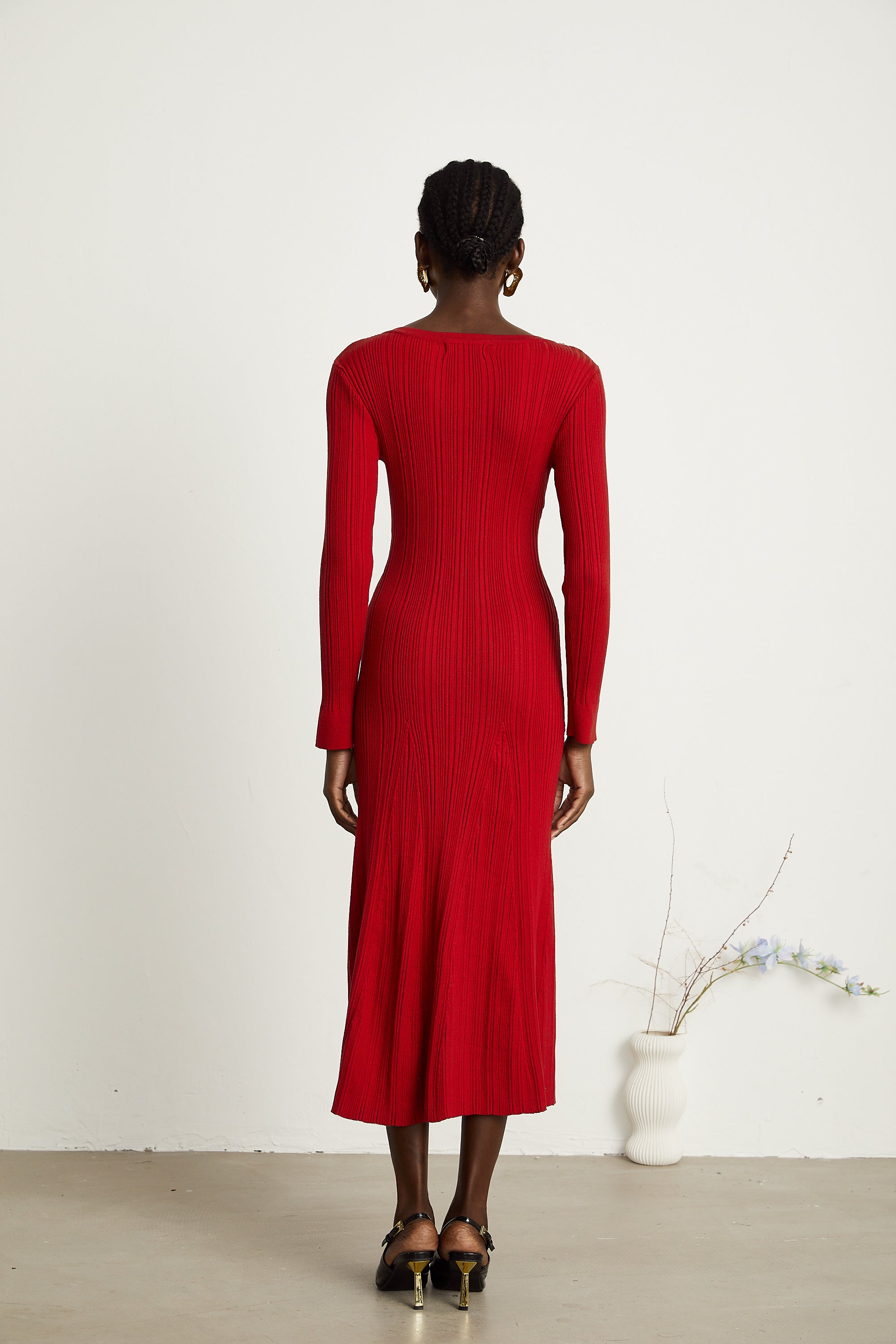 Anaxarete red embellished knitted midi dress