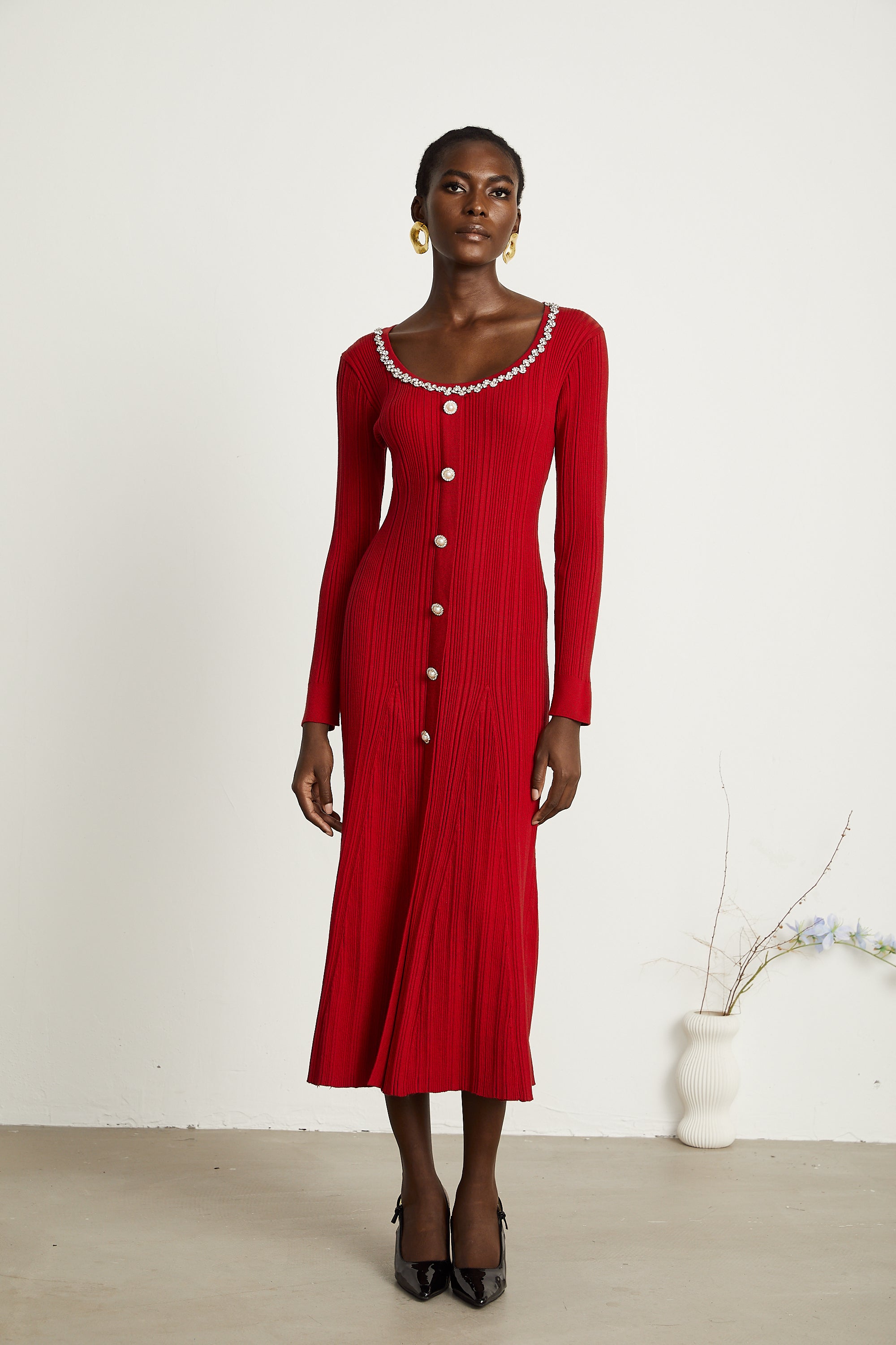 Anaxarete red embellished knitted midi dress