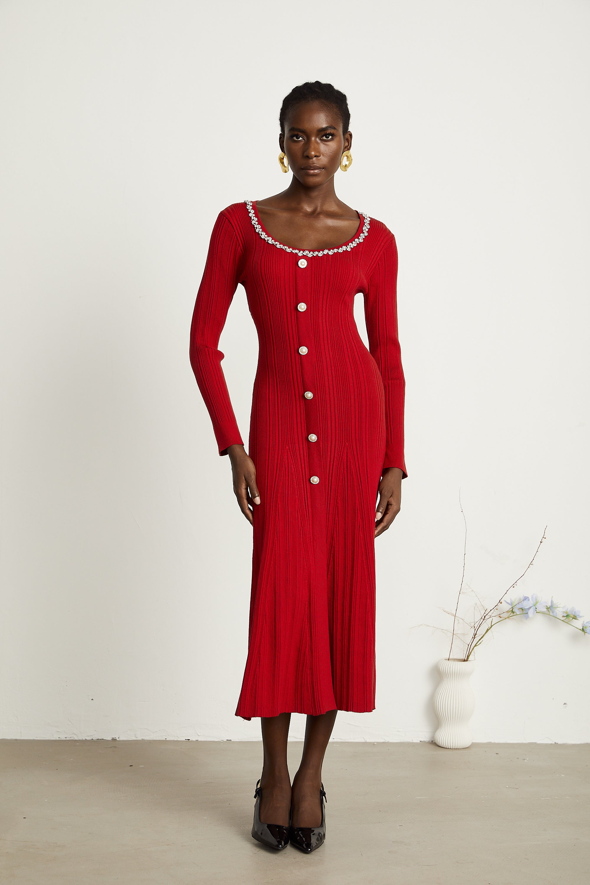 Anaxarete red embellished knitted midi dress