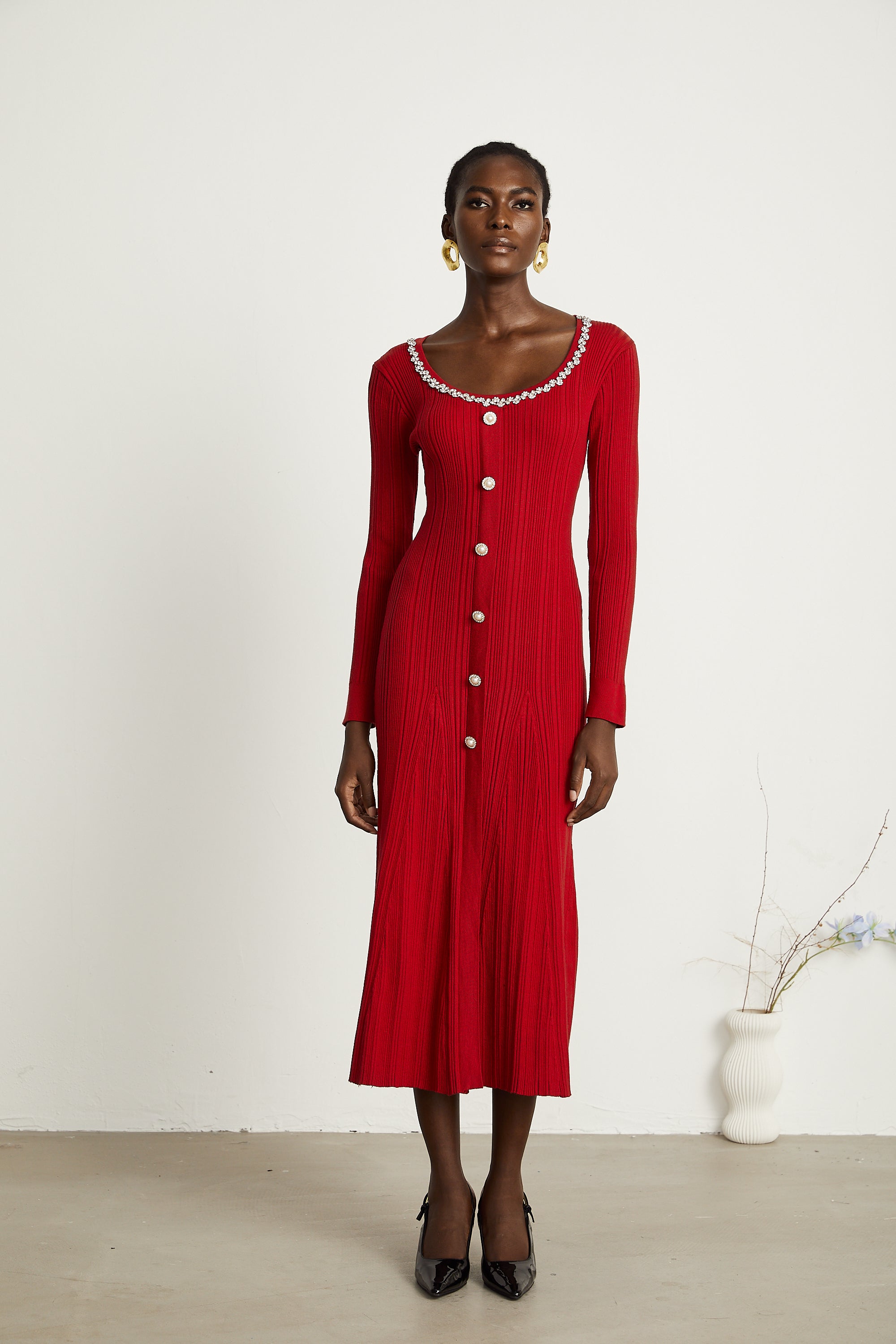 Anaxarete red embellished knitted midi dress