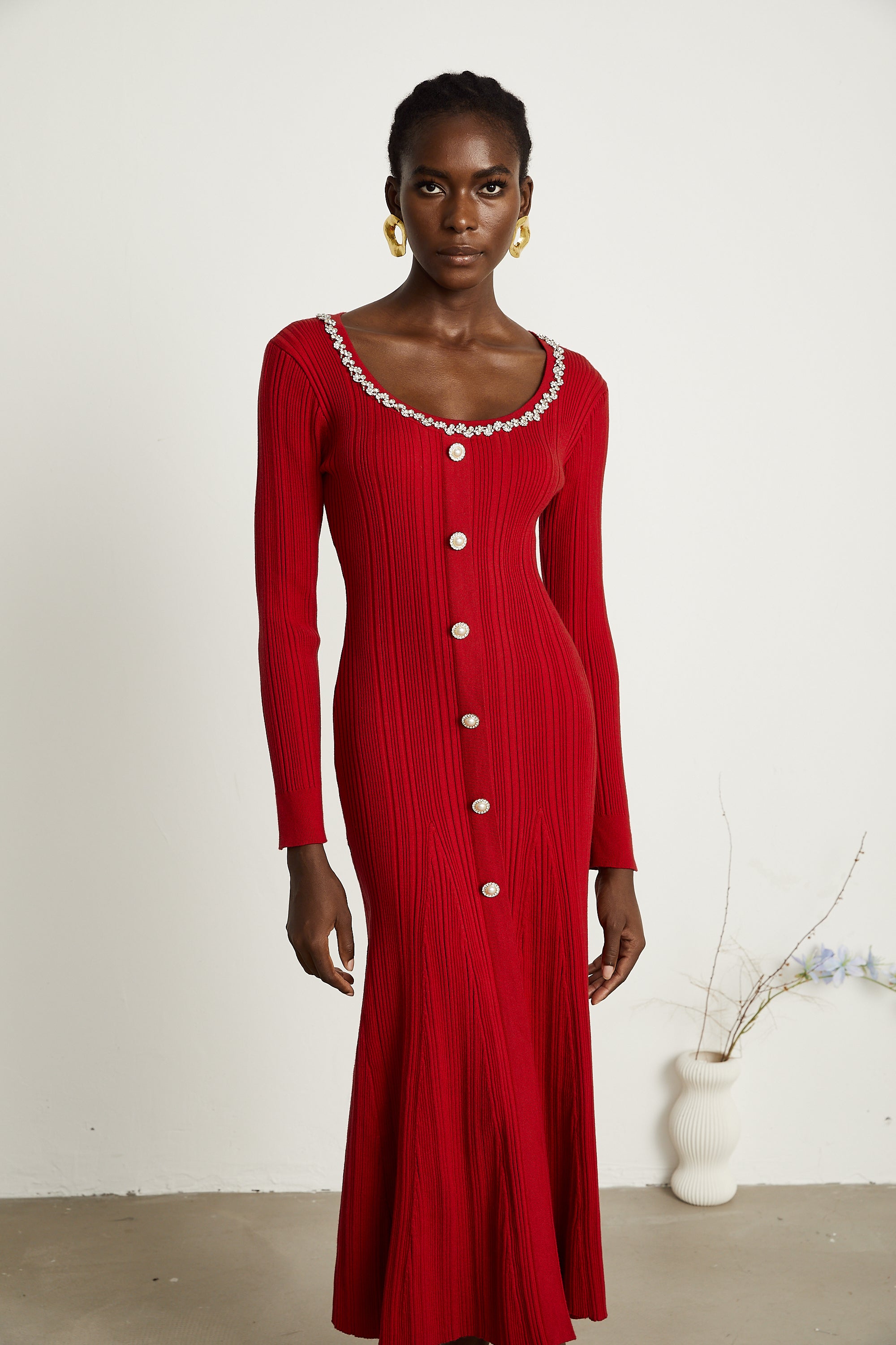 Anaxarete red embellished knitted midi dress