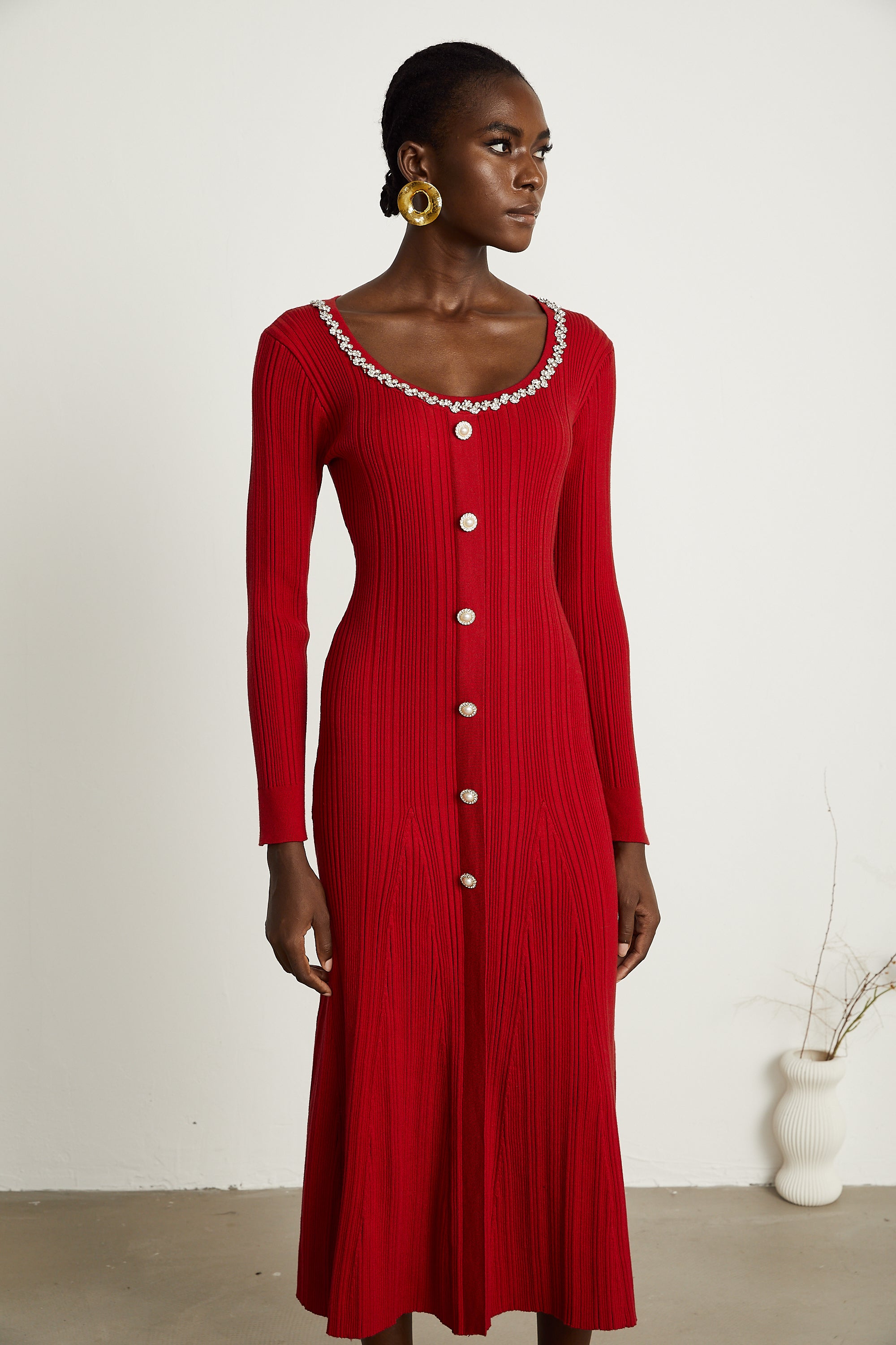 Anaxarete red embellished knitted midi dress